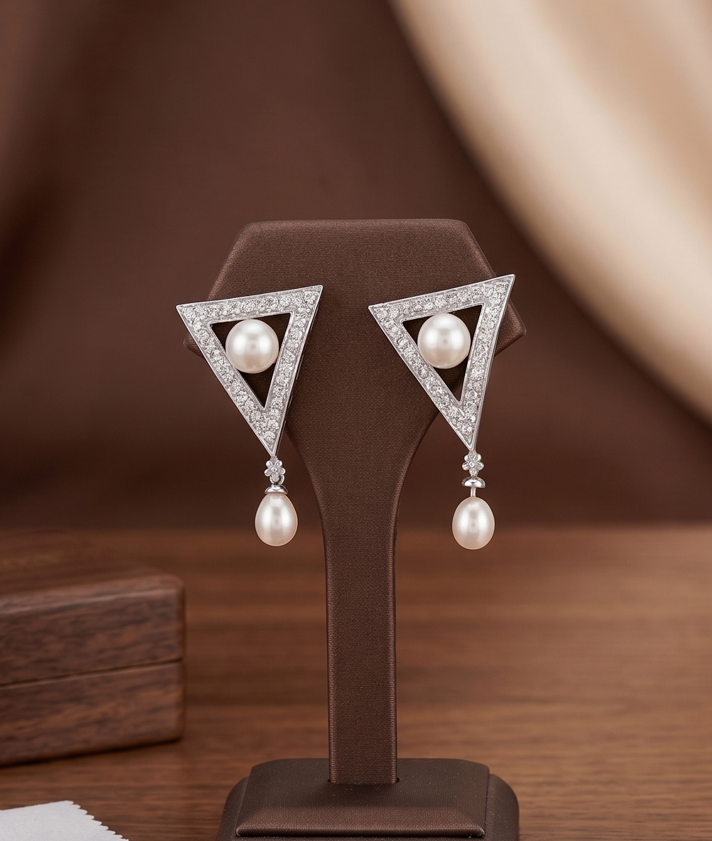 Silver triangle pearl drop earrings for women