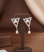 Silver triangle pearl drop earrings for women