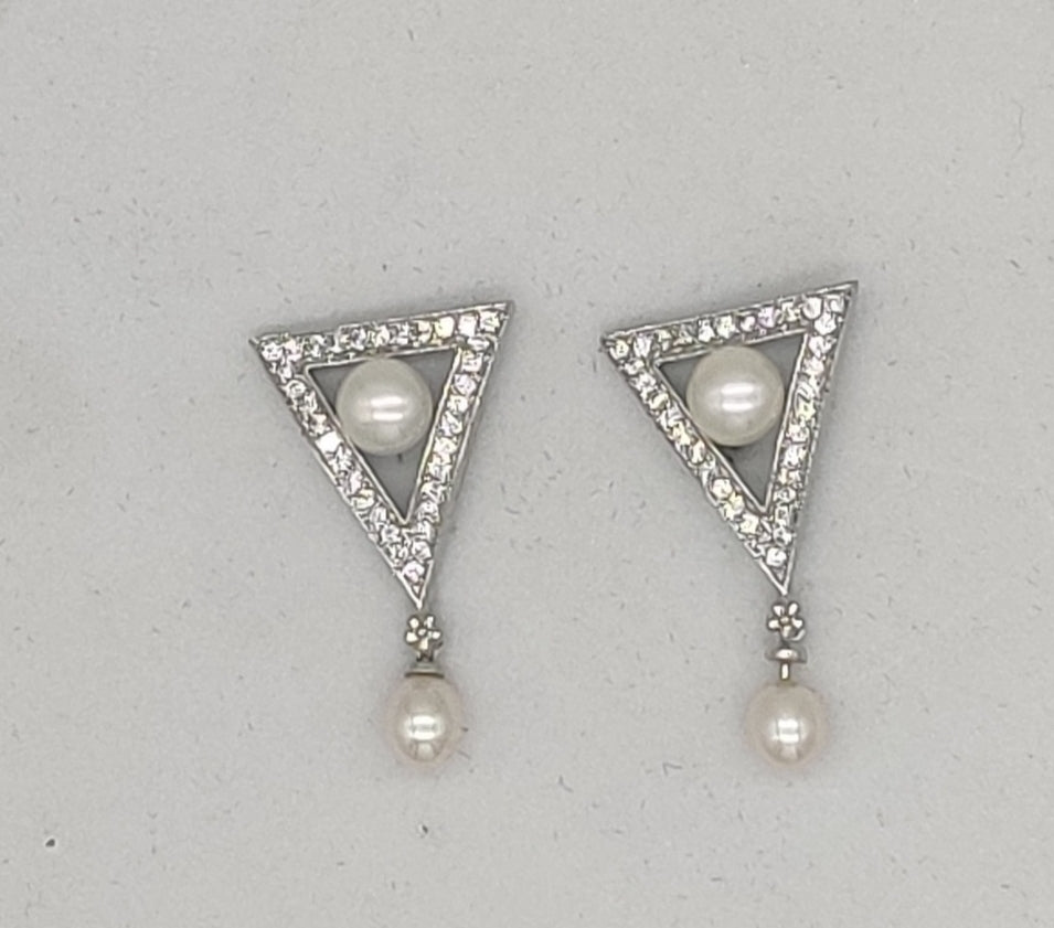 Silver triangle pearl drop earrings for women