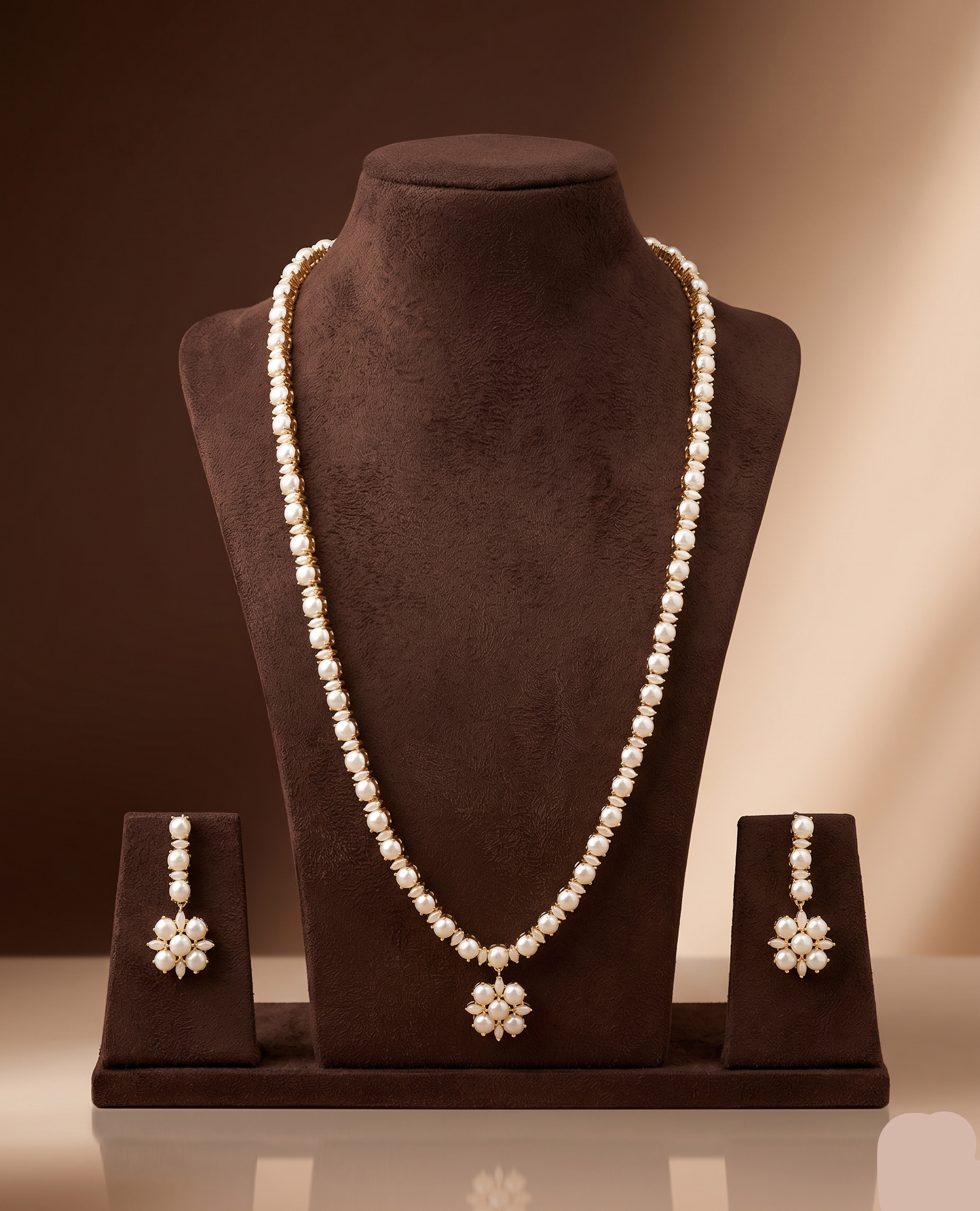 Single-line freshwater pearl long haram set with floral pearl centerpiece and matching drop earrings.
