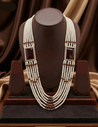 Six-Line Freshwater Pearl & Red Stone Broach Set for Women