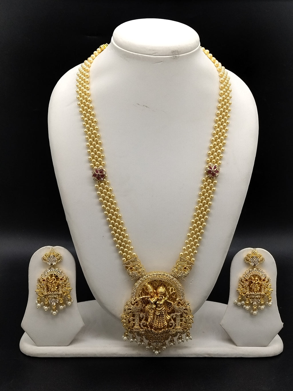 South Indian temple jewellery long haram necklace set with Lakshmi pendant and matching earrings