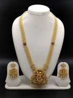 South Indian temple jewellery long haram necklace set with Lakshmi pendant and matching earrings