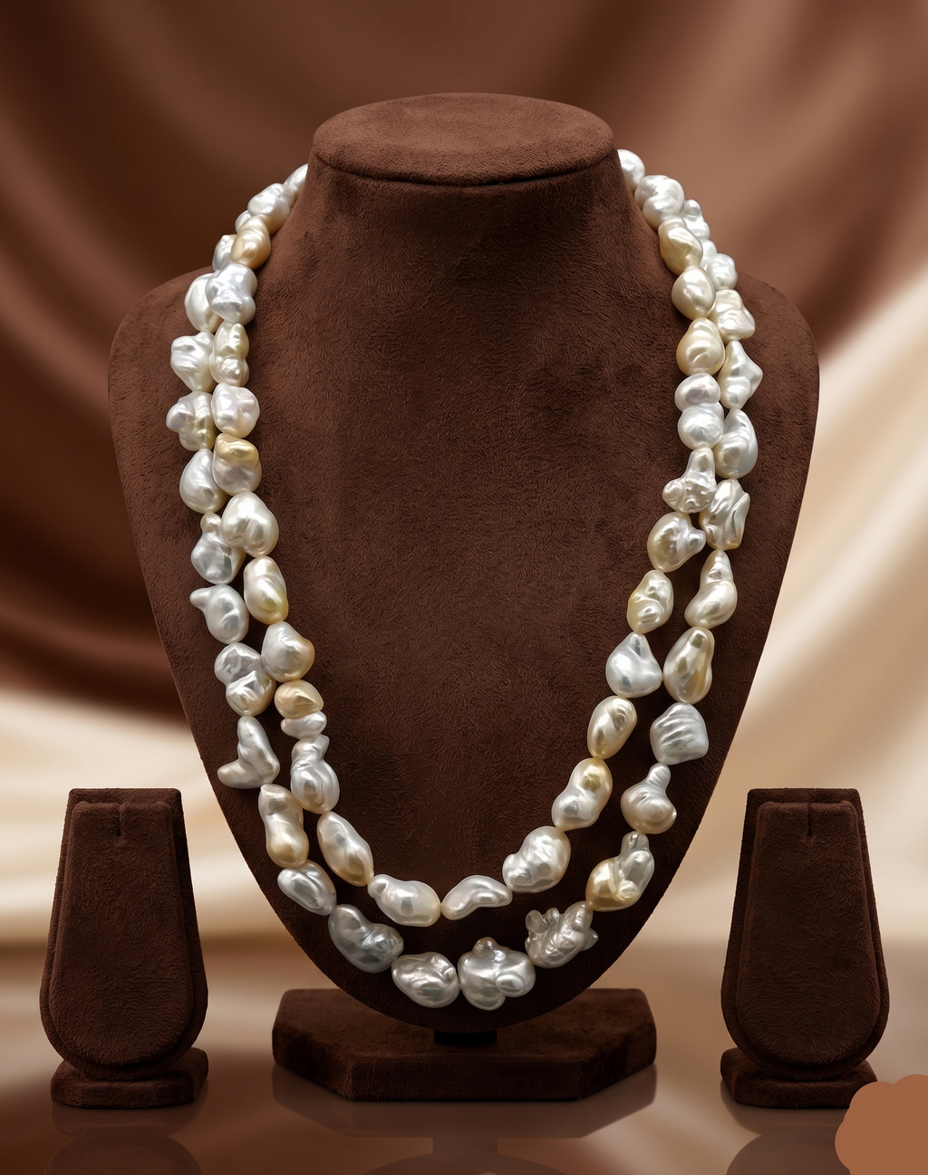 South Sea golden and white baroque pearl two-line mala