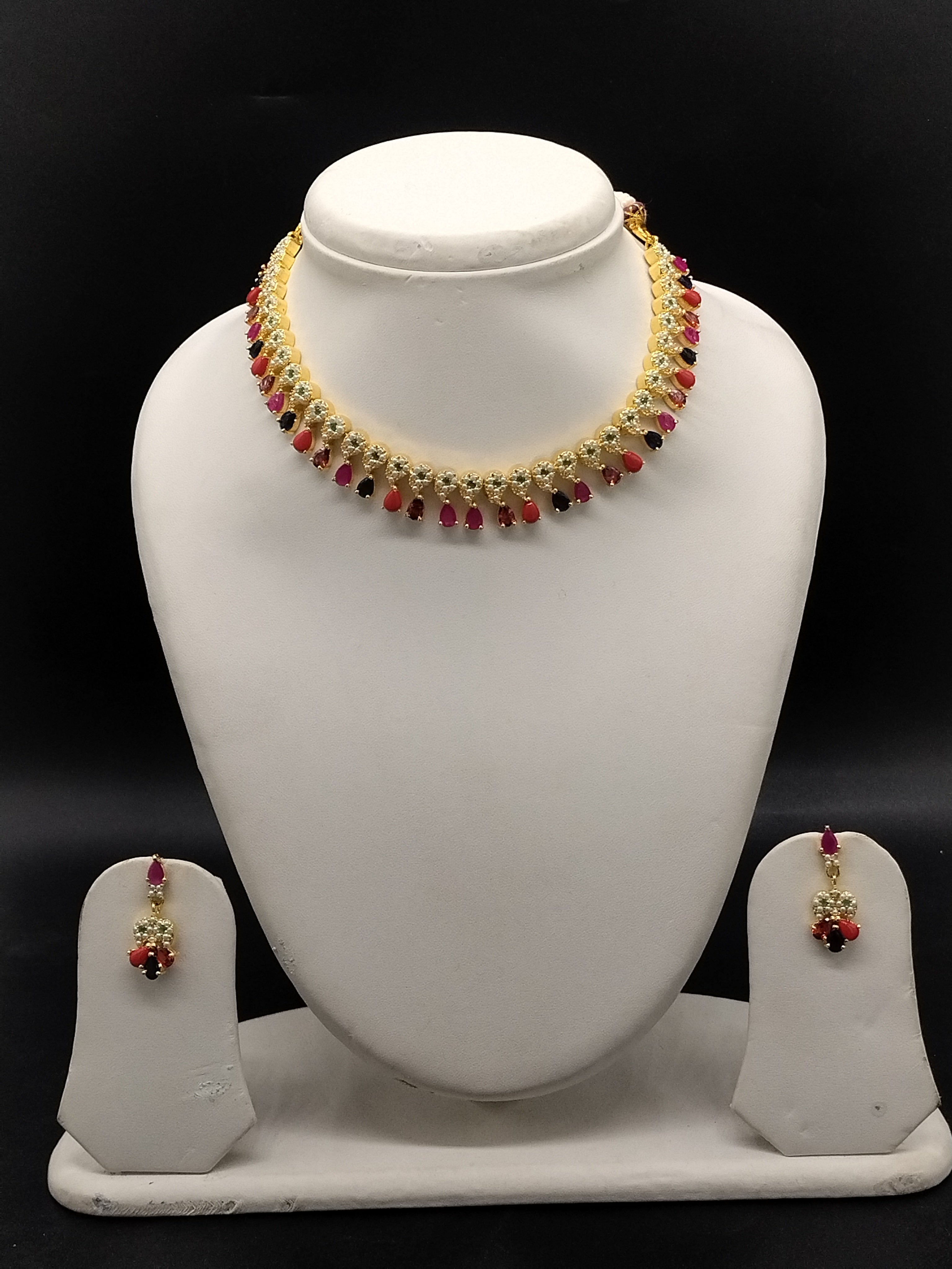 Temple style stone choker necklace set with pearl drops for women