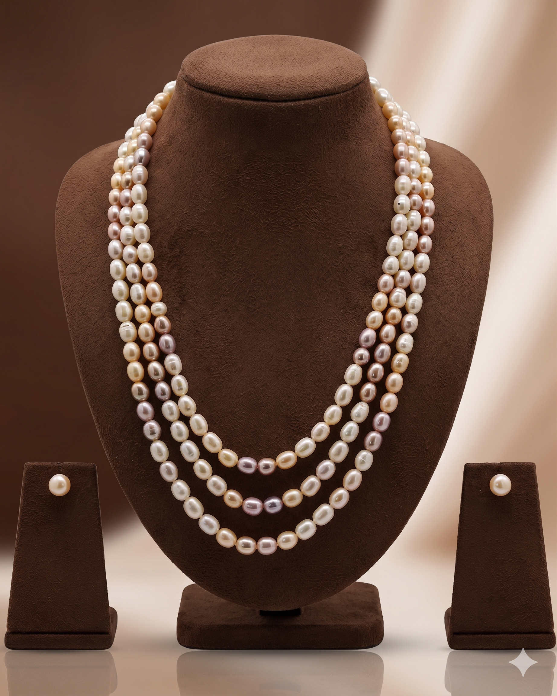 Three-Strand Freshwater Pearl Necklace Earrings Set
