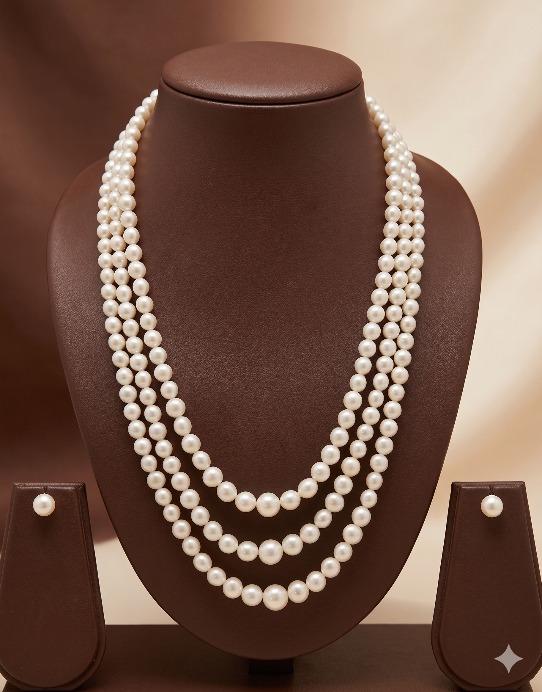 Three-Strand White Freshwater Pearl Necklace & Earrings