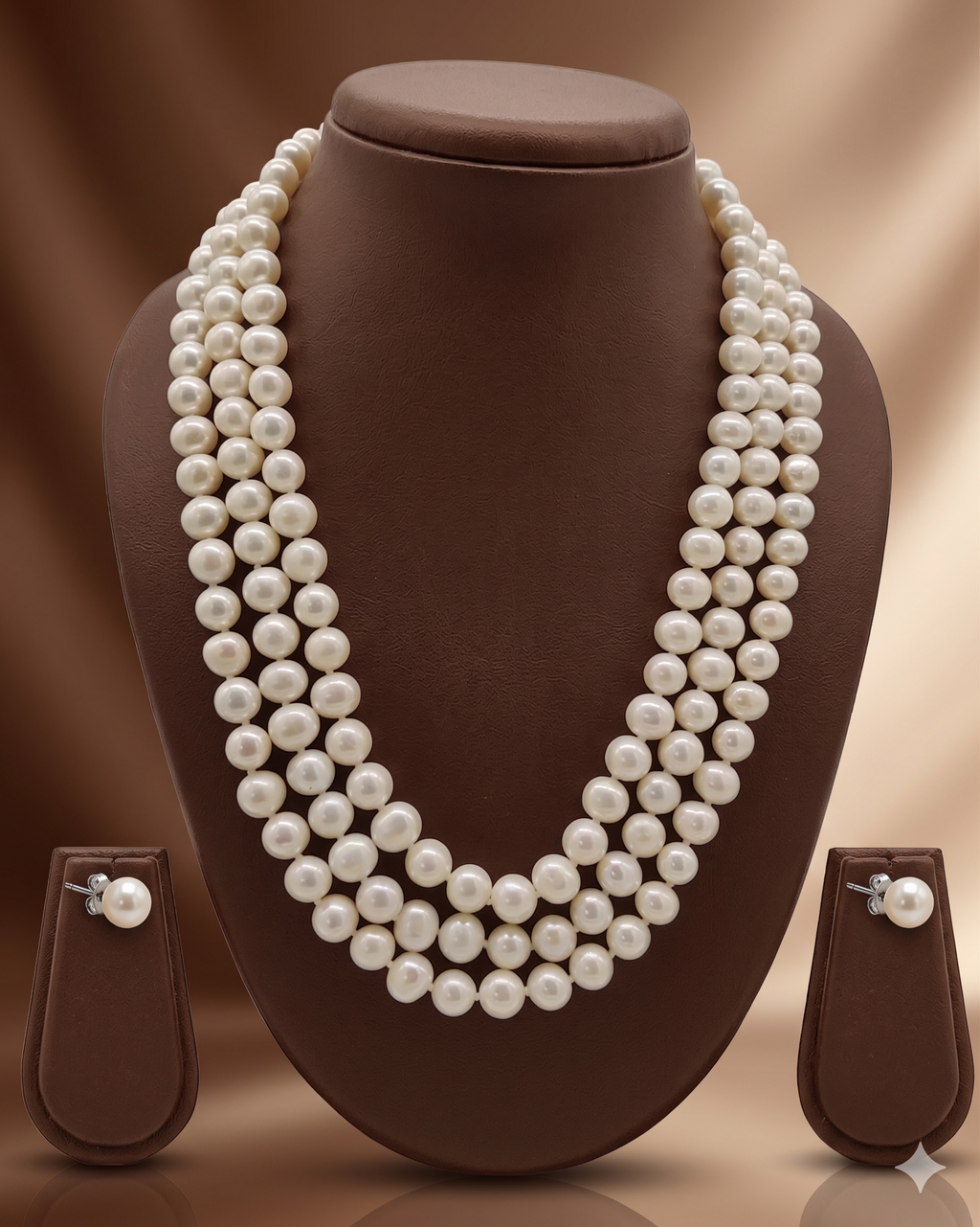 Three-Strand White Freshwater Pearl Necklace & Earrings