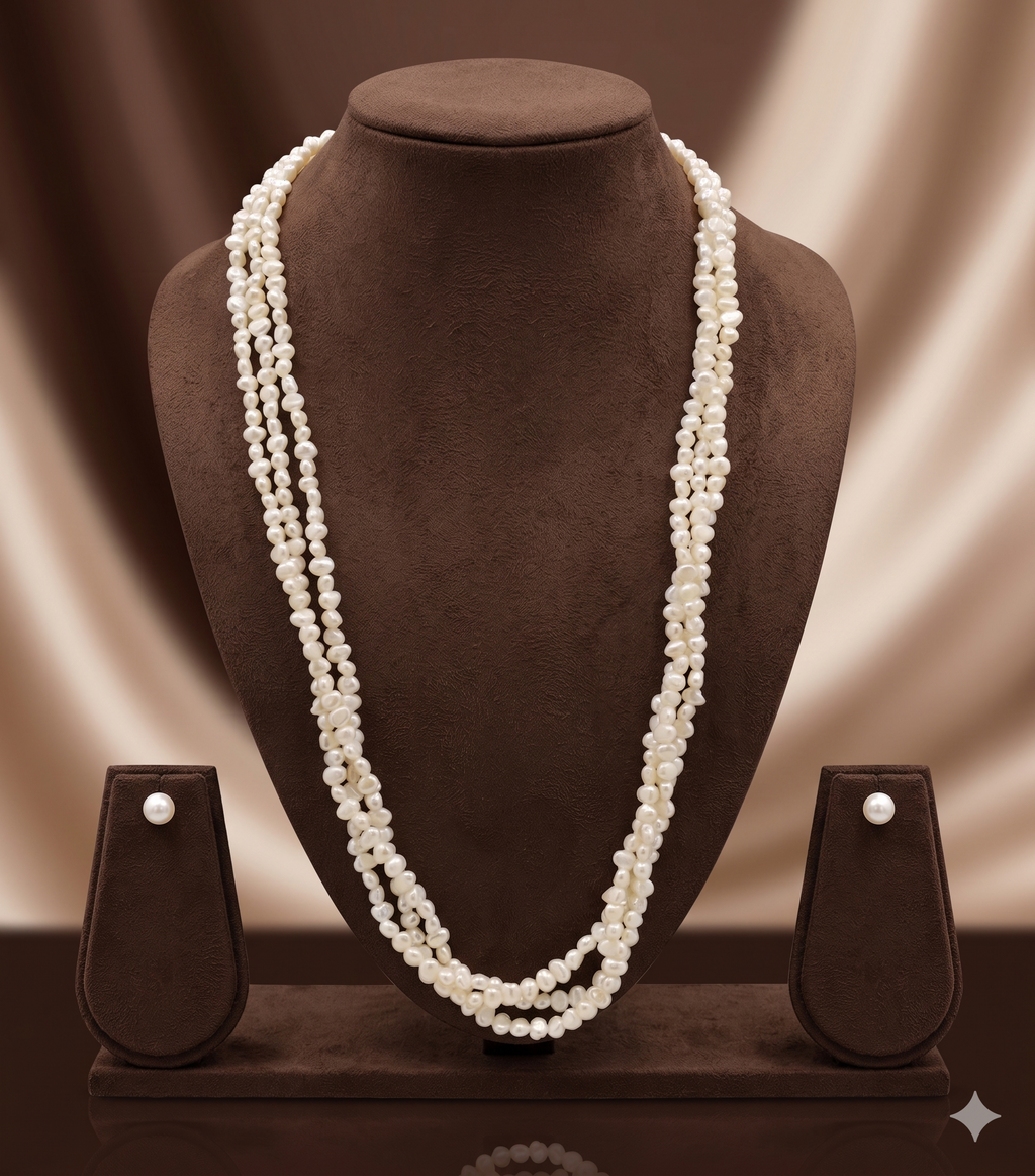 Three Strand Seed Freshwater Pearl Necklace & Earrings Set