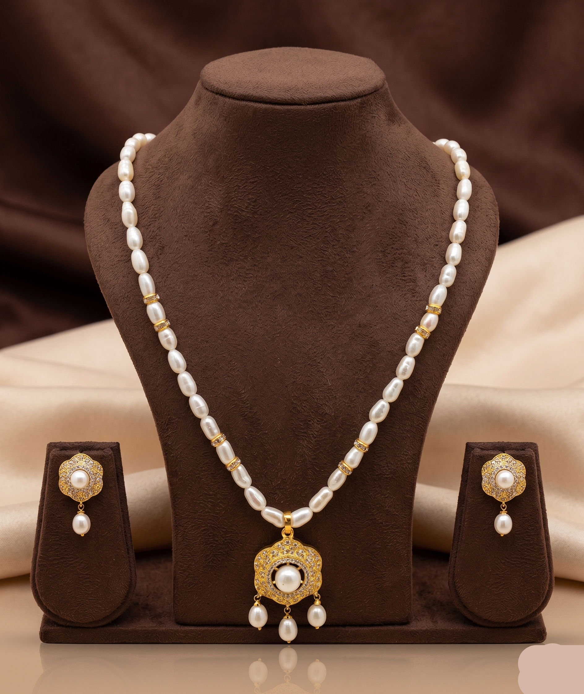 Triloka Three-Pearl One Line Pendant Freshwater Pearl Necklace & Earrings Set