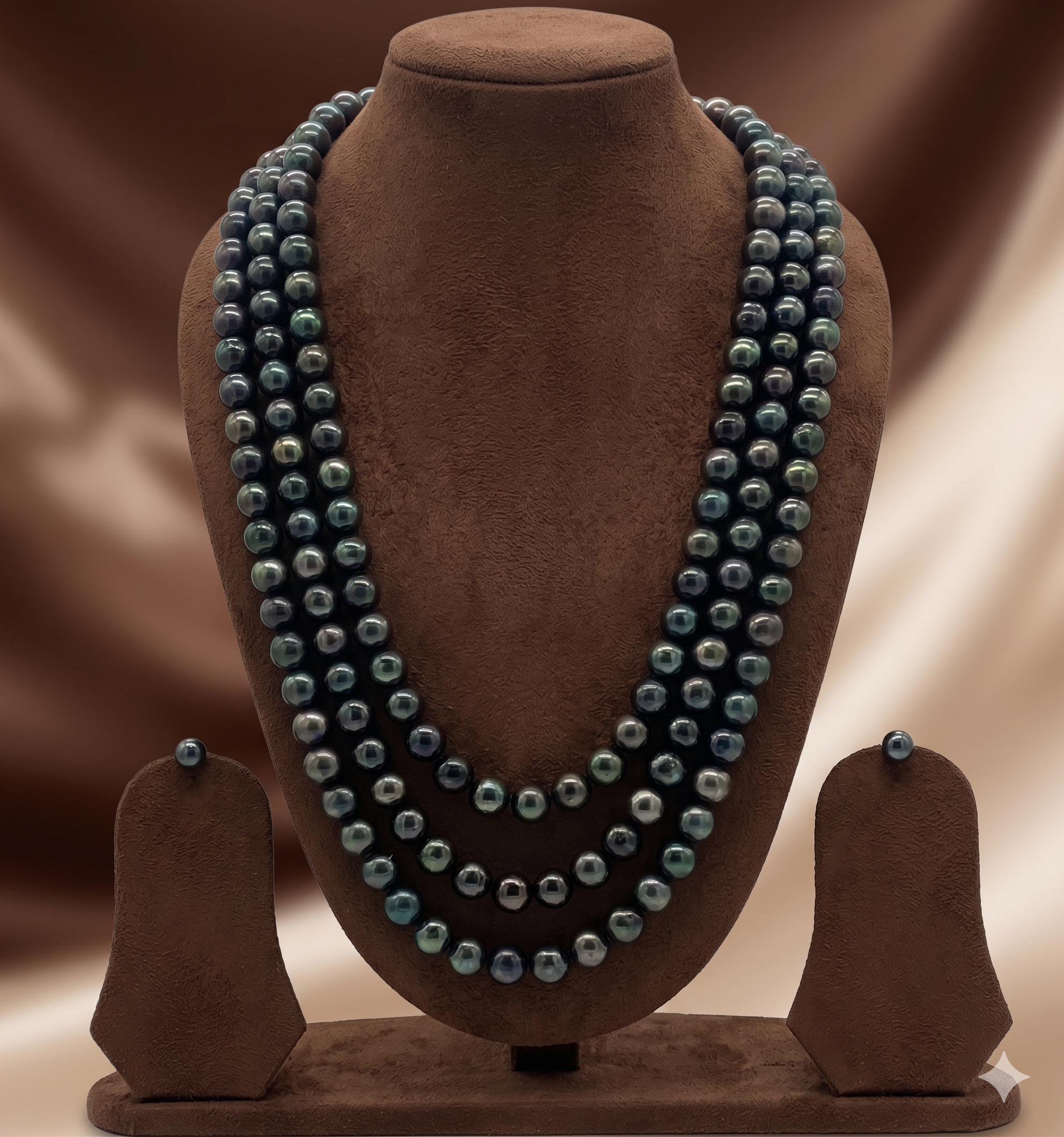 Triple-Strand Black Freshwater Pearl Necklace & Earrings Set
