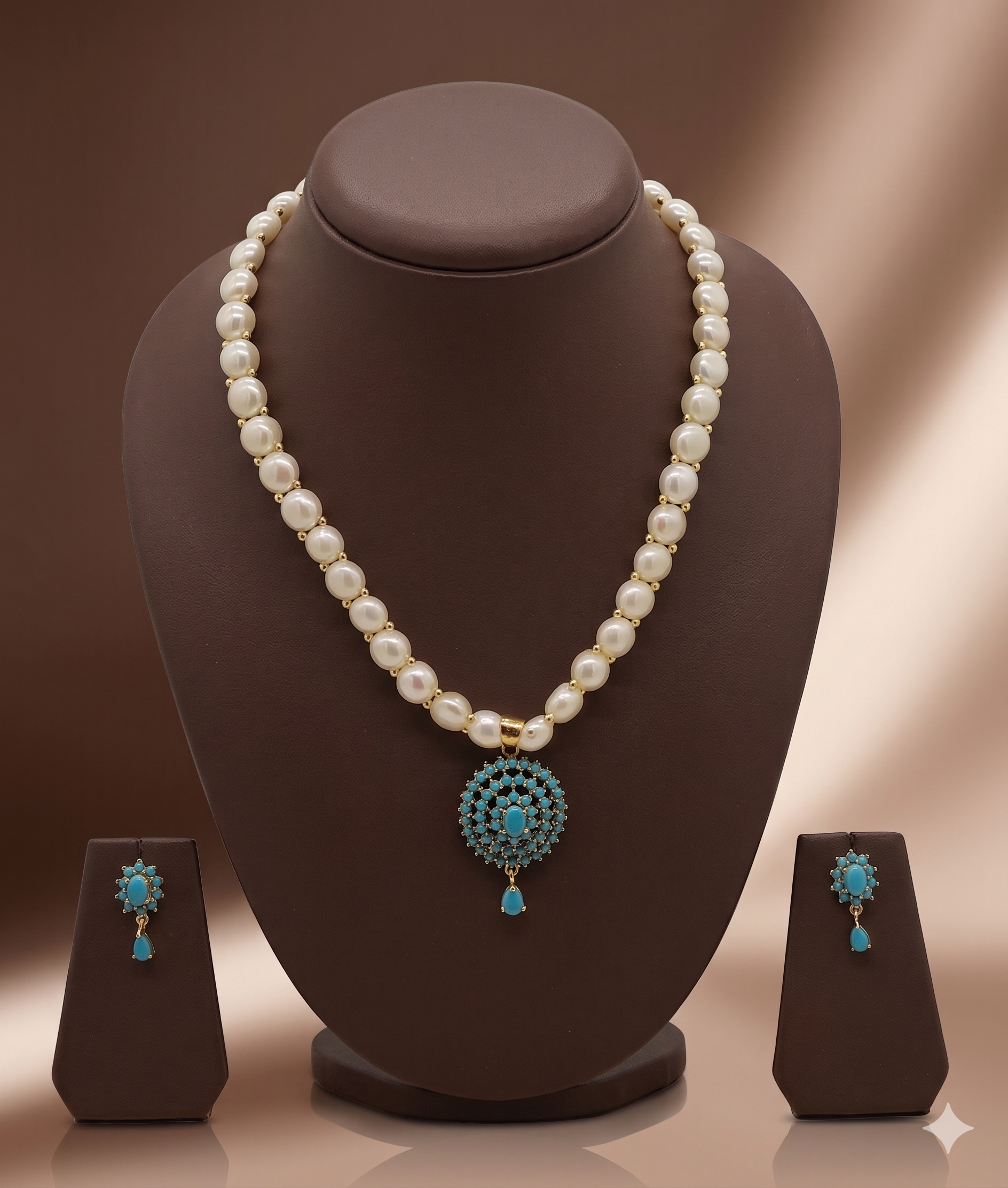 Turquoise Radiance Freshwater Pearls Pendant Set with Blue Stone Accents