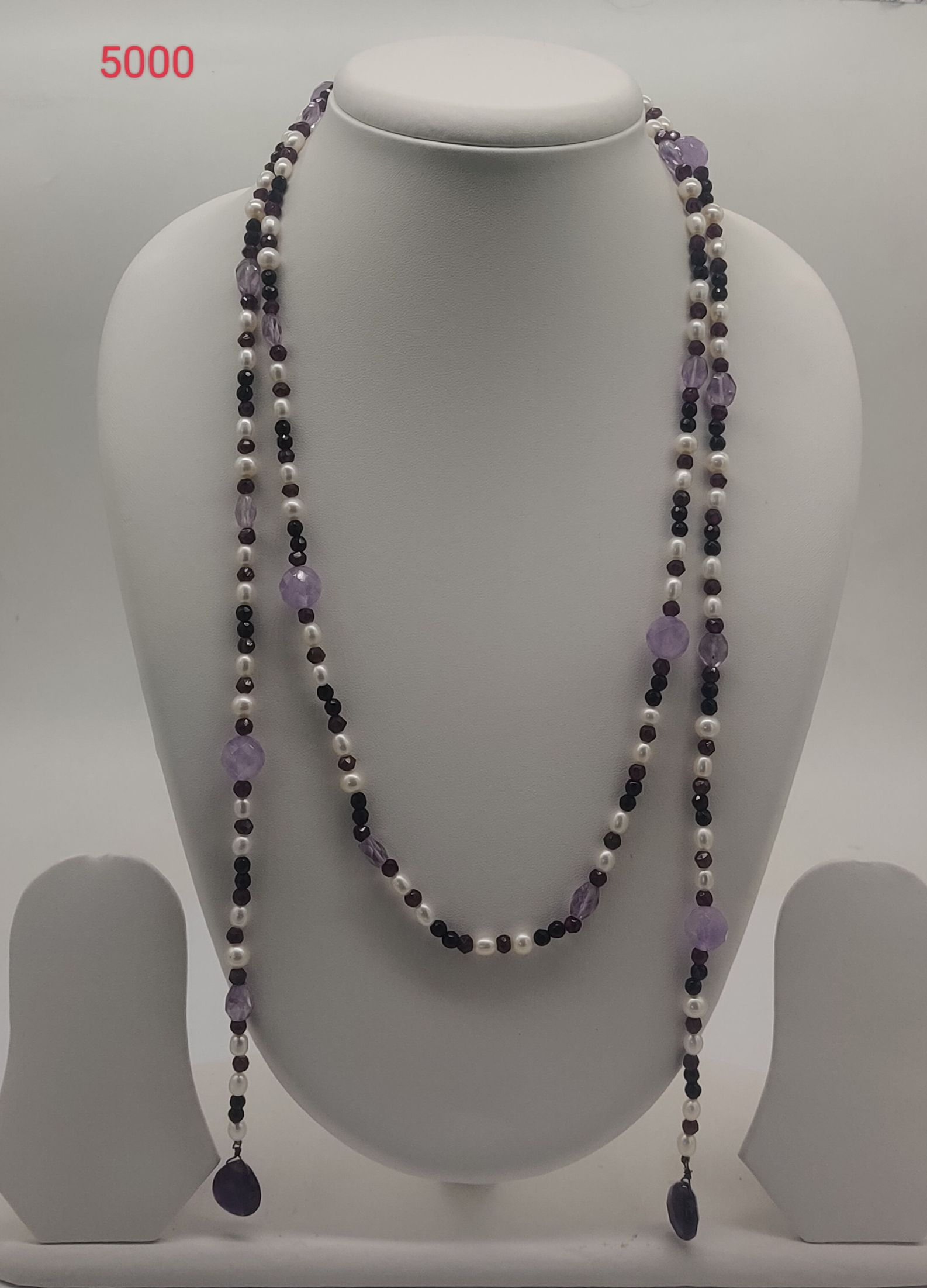 Twilight Harmony freshwater pearl necklace with white pearls amethyst crystals and black beads in layered design