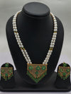 Emerald Cascade two line freshwater pearl pendant necklace set with oval white pearls and emerald green rectangular pendant