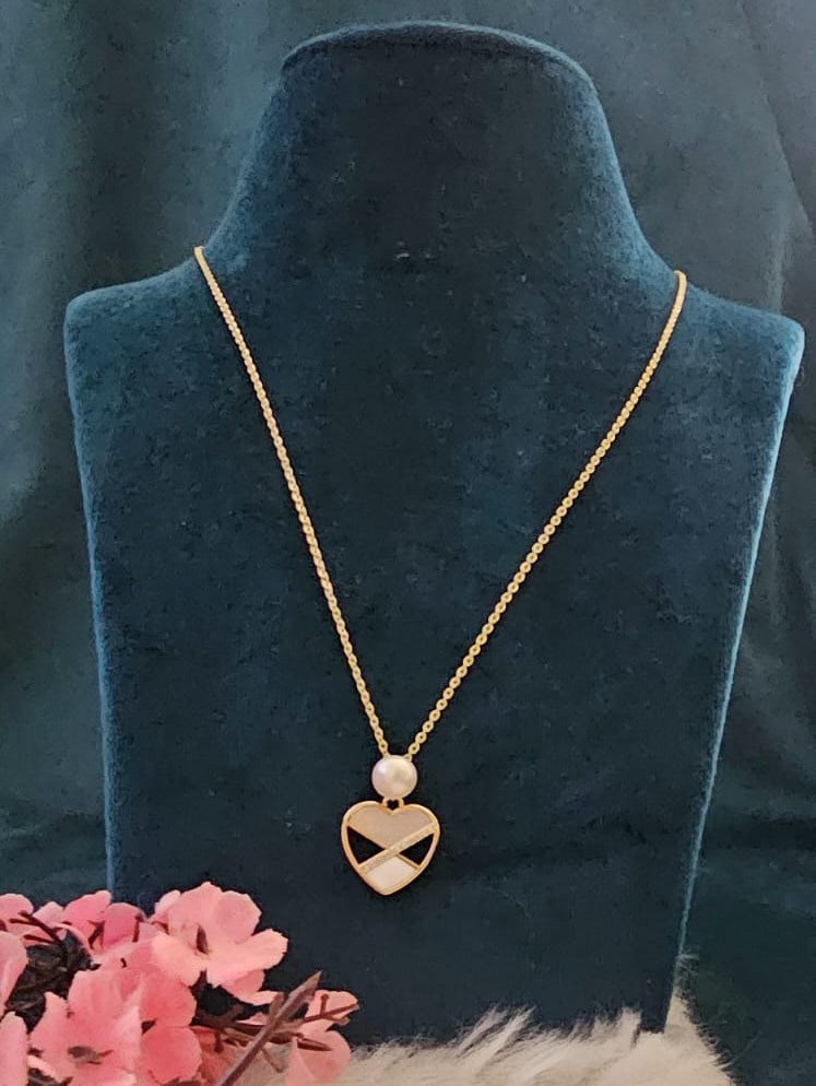 Gold-Toned Alloy Heart Pendant Necklace with Pearl Accent