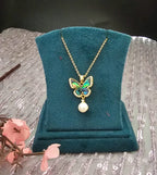 Gold-Toned Alloy Butterfly Pendant Necklace with Pearl Drop