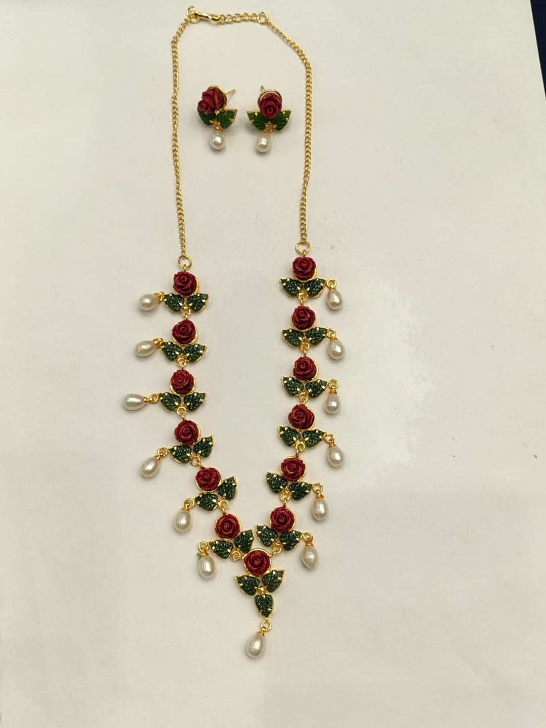 Red Rose Coral Necklace Set – Handcrafted Floral Pearl Drop Design