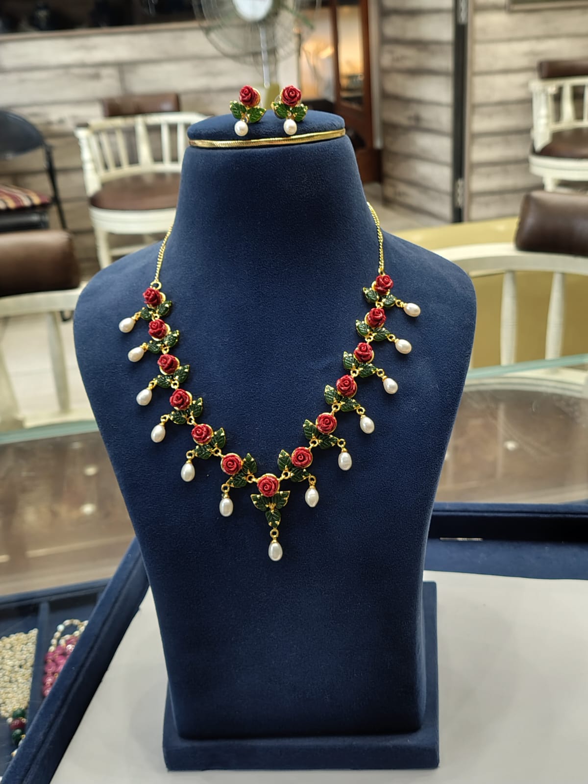 Red Rose Coral Necklace Set – Handcrafted Floral Pearl Drop Design