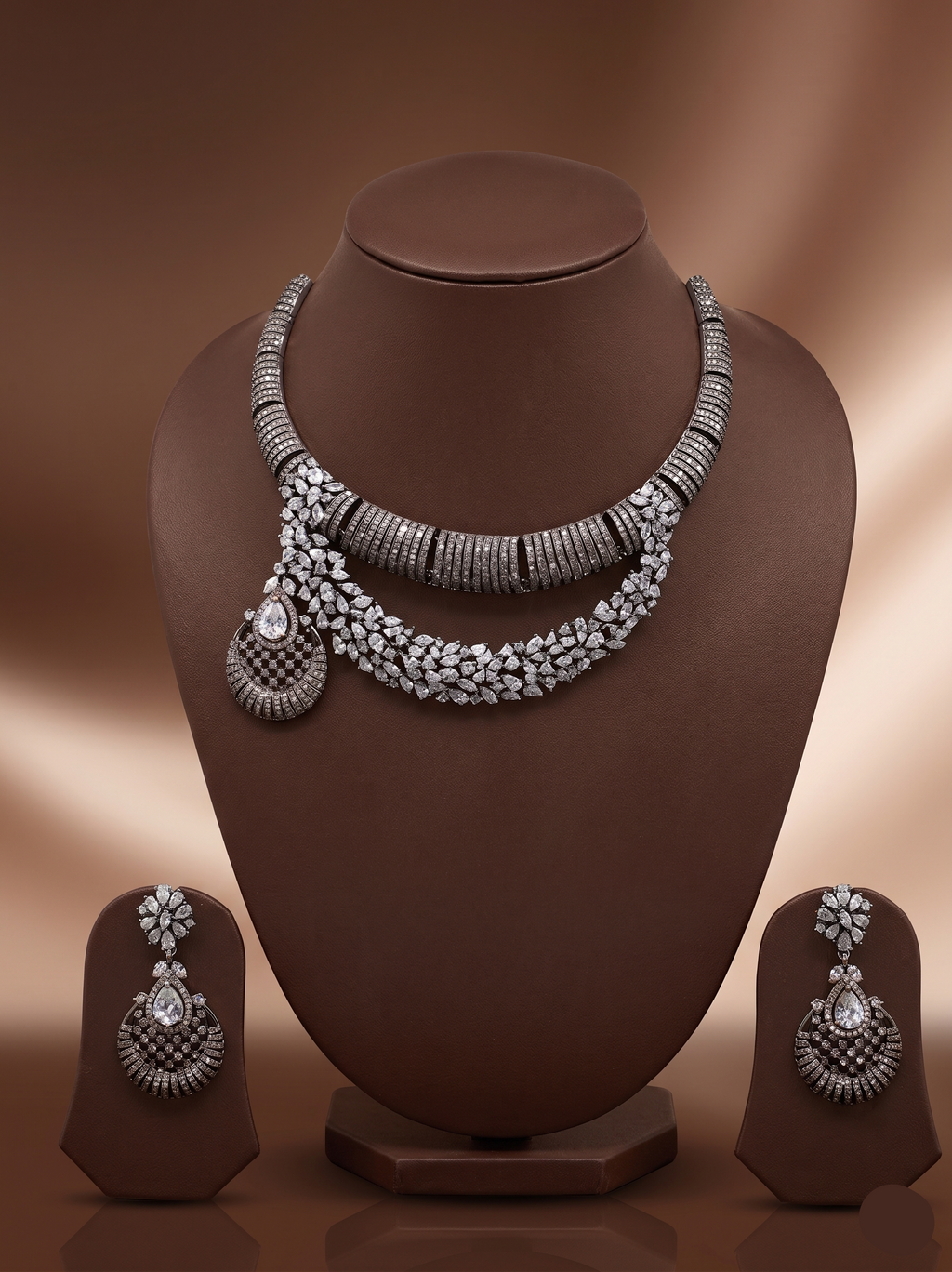 White American Diamond necklace set with dual-layer collar design and matching drop earrings.
