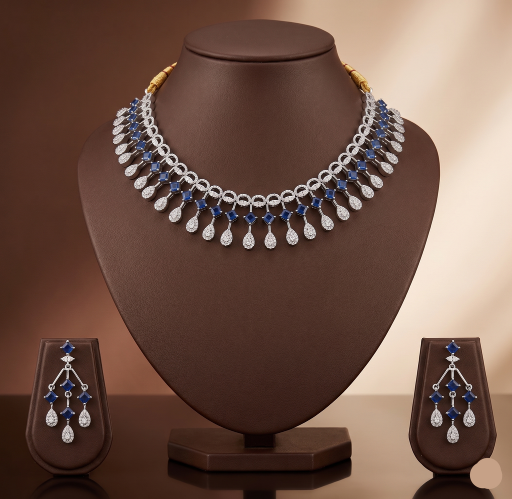 White Blue CZ necklace set with royal blue stone drops and matching earrings for women