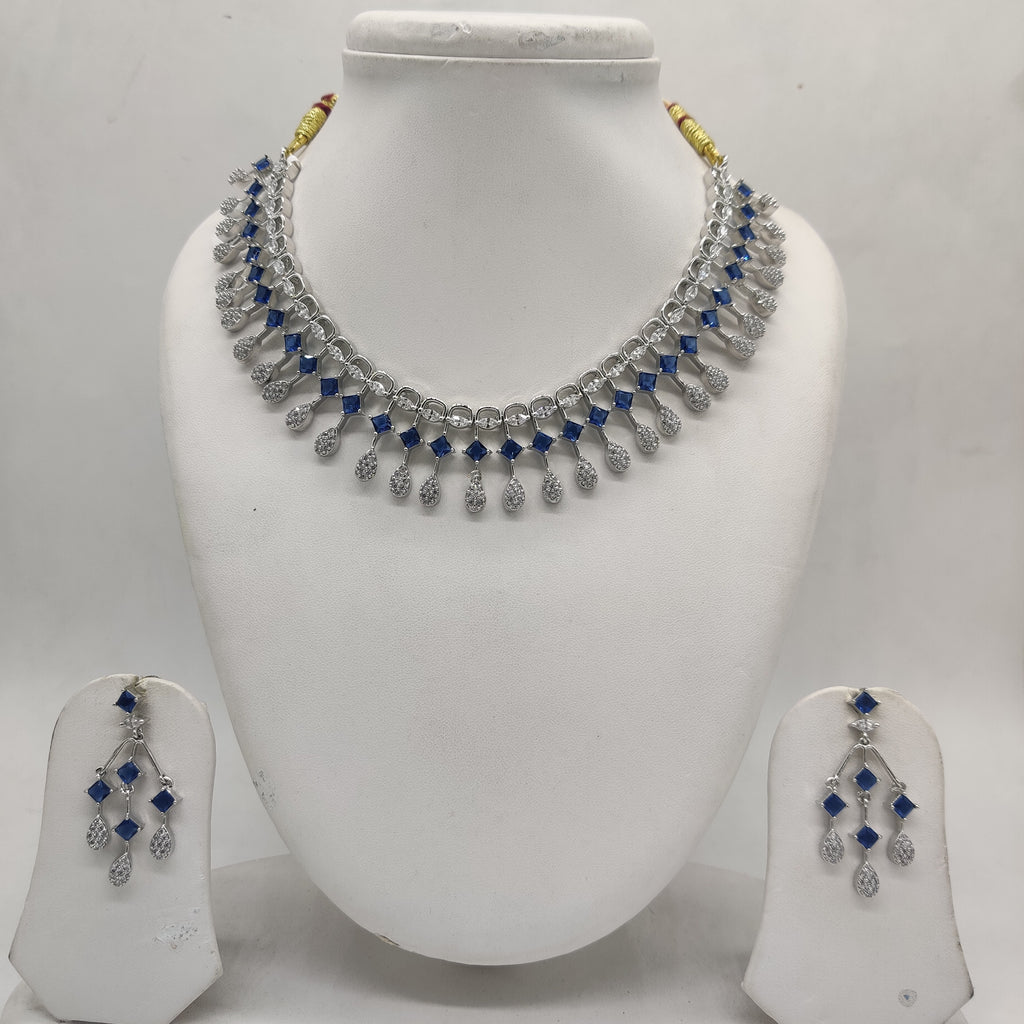 White Blue CZ necklace set with royal blue stone drops and matching earrings for women