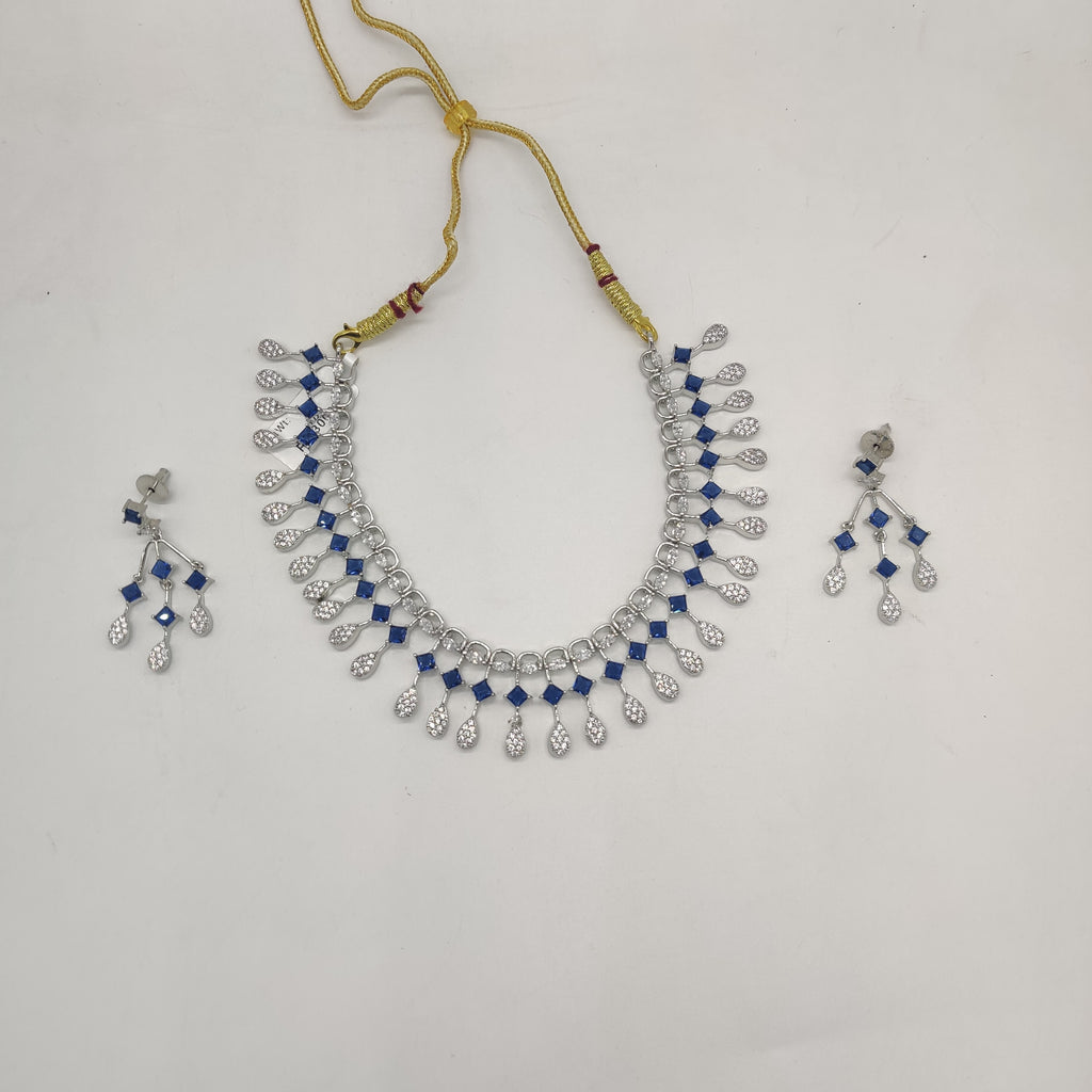 White Blue CZ necklace set with royal blue stone drops and matching earrings for women