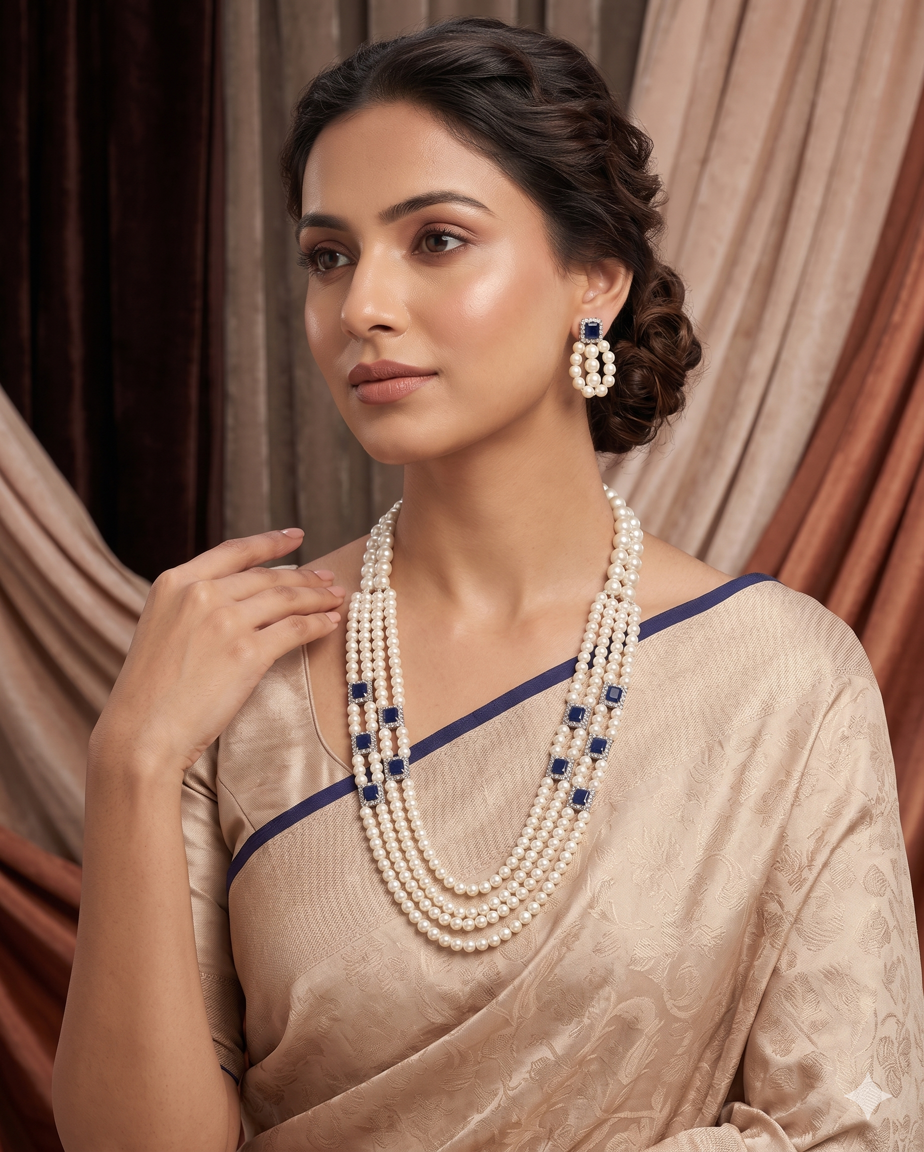White Freshwater Pearl Side Brooch Necklace Set with Black Stone