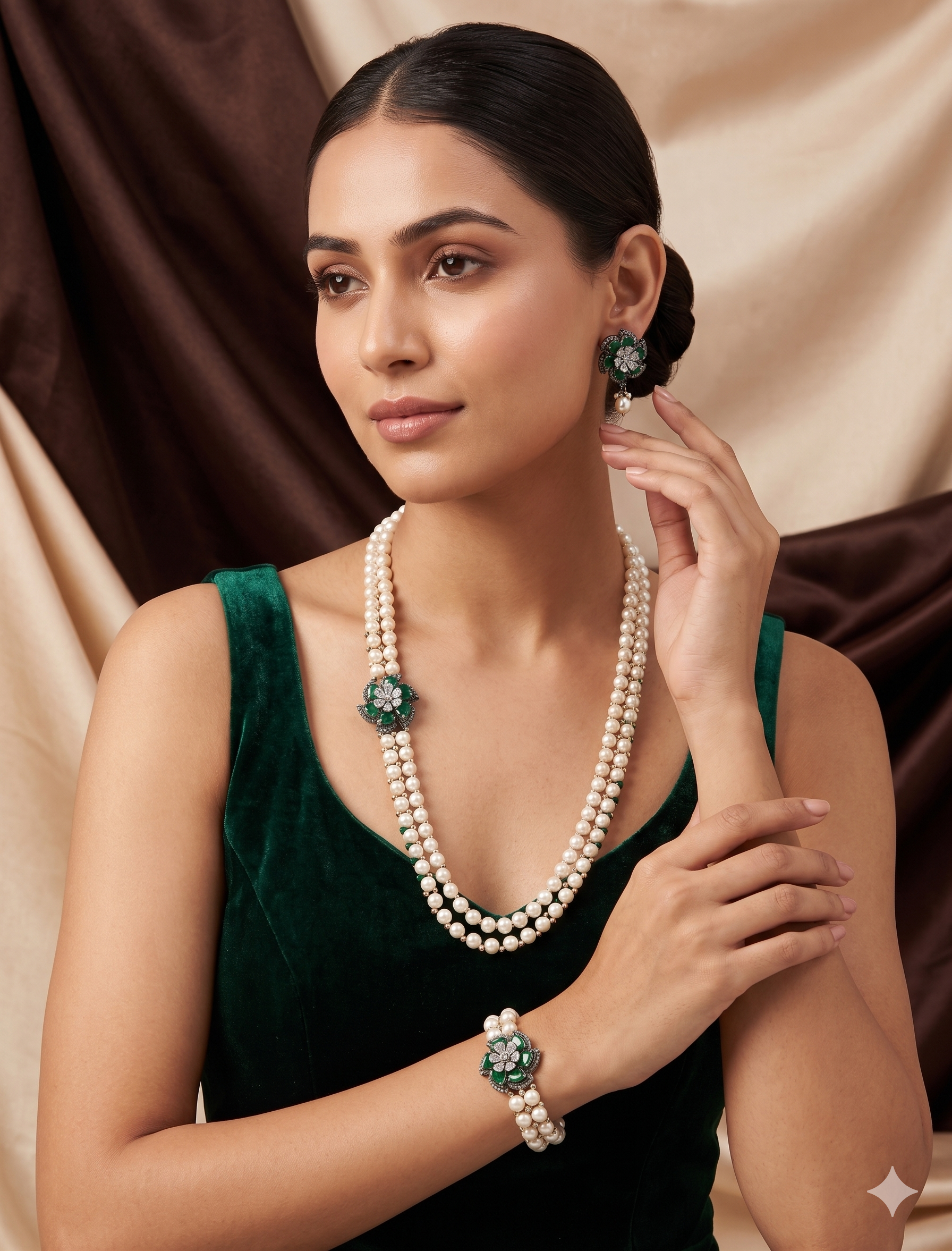 White Freshwater Pearl Side Brooch Necklace Set with Green Stones