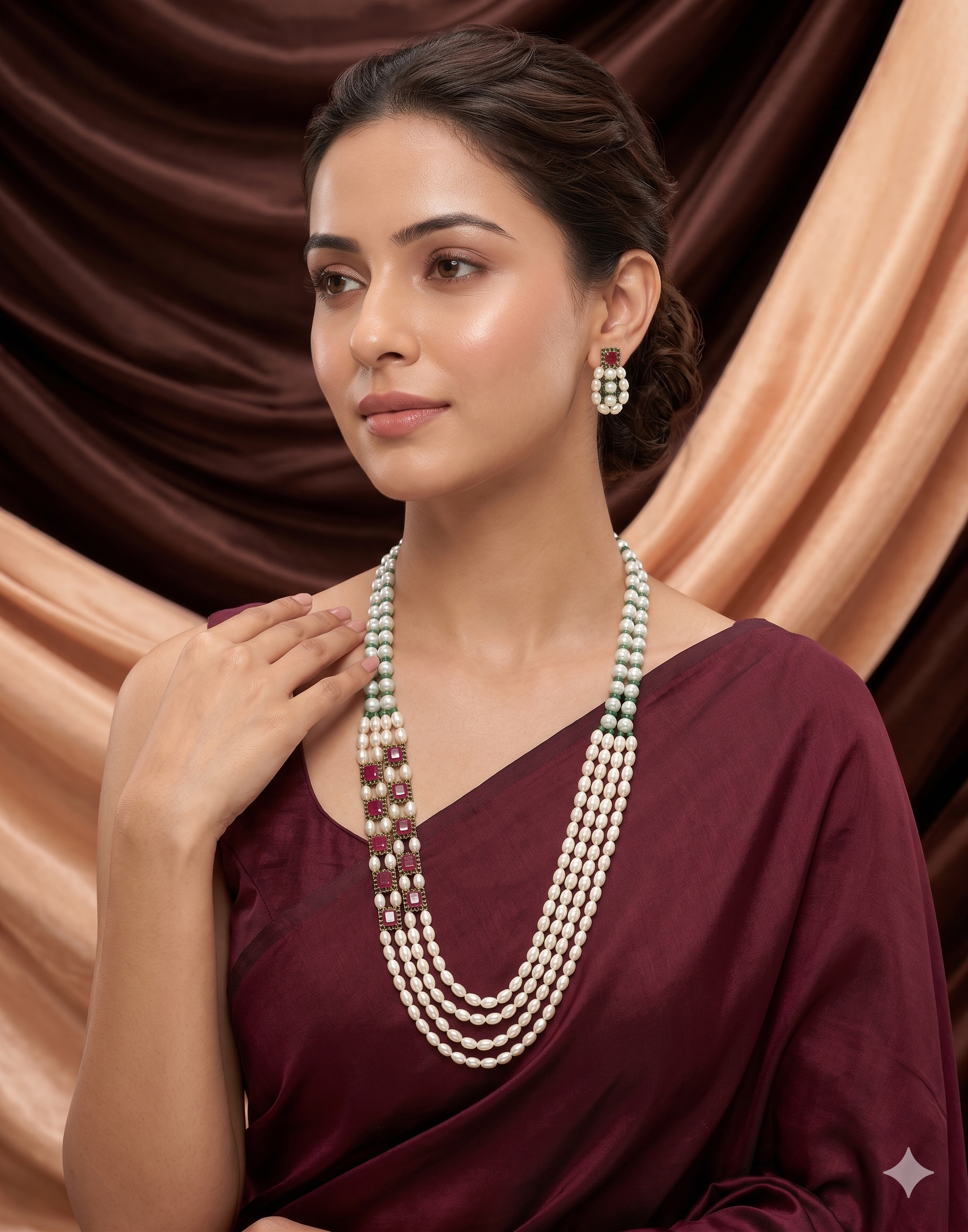 White Freshwater Pearl Side Brooch Necklace Set with Red Stones