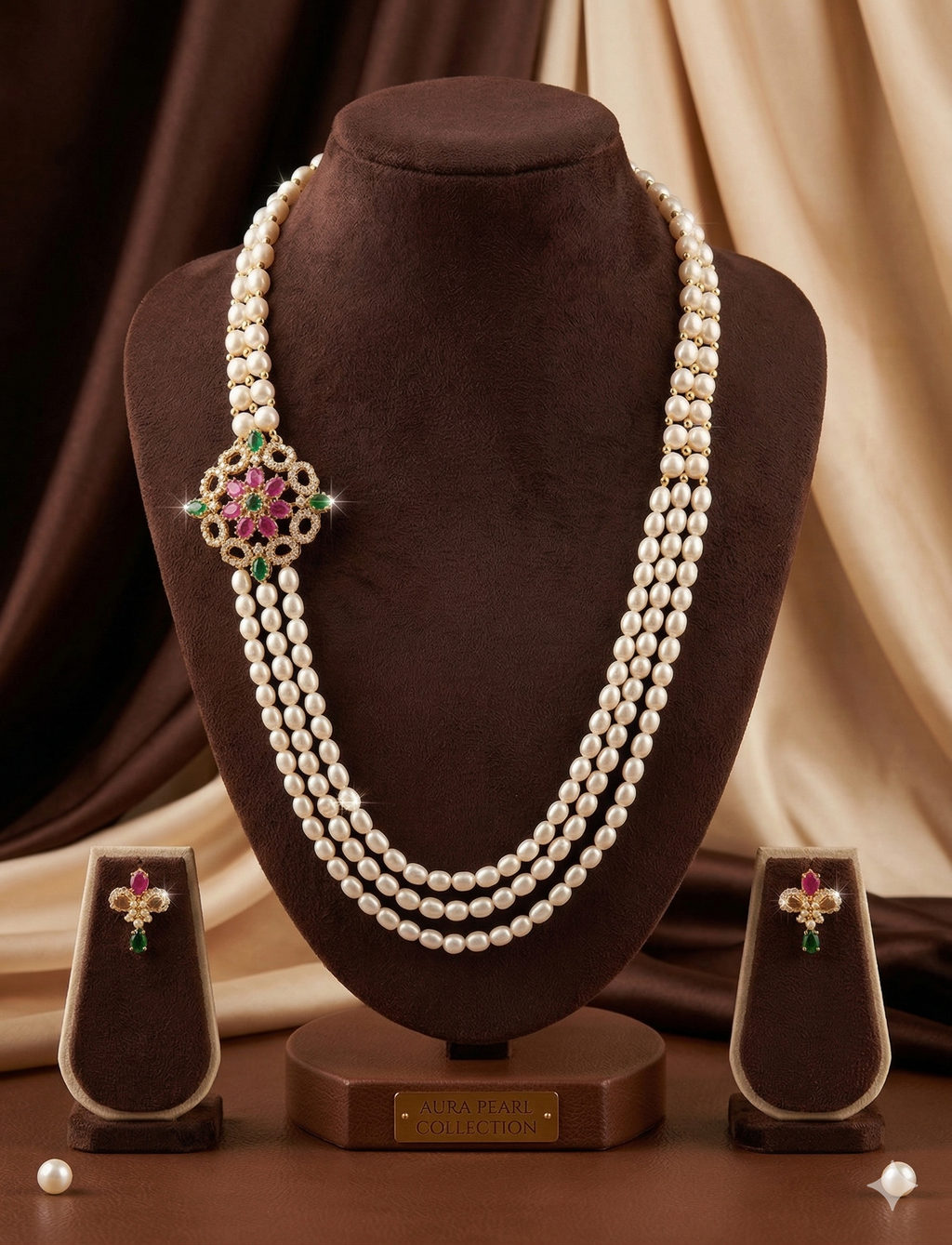 White Freshwater Pearl Side Brooch Necklace &amp; Earrings Set