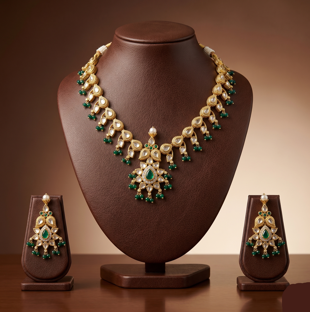 White Green CZ necklace set with floral design and matching earrings for women