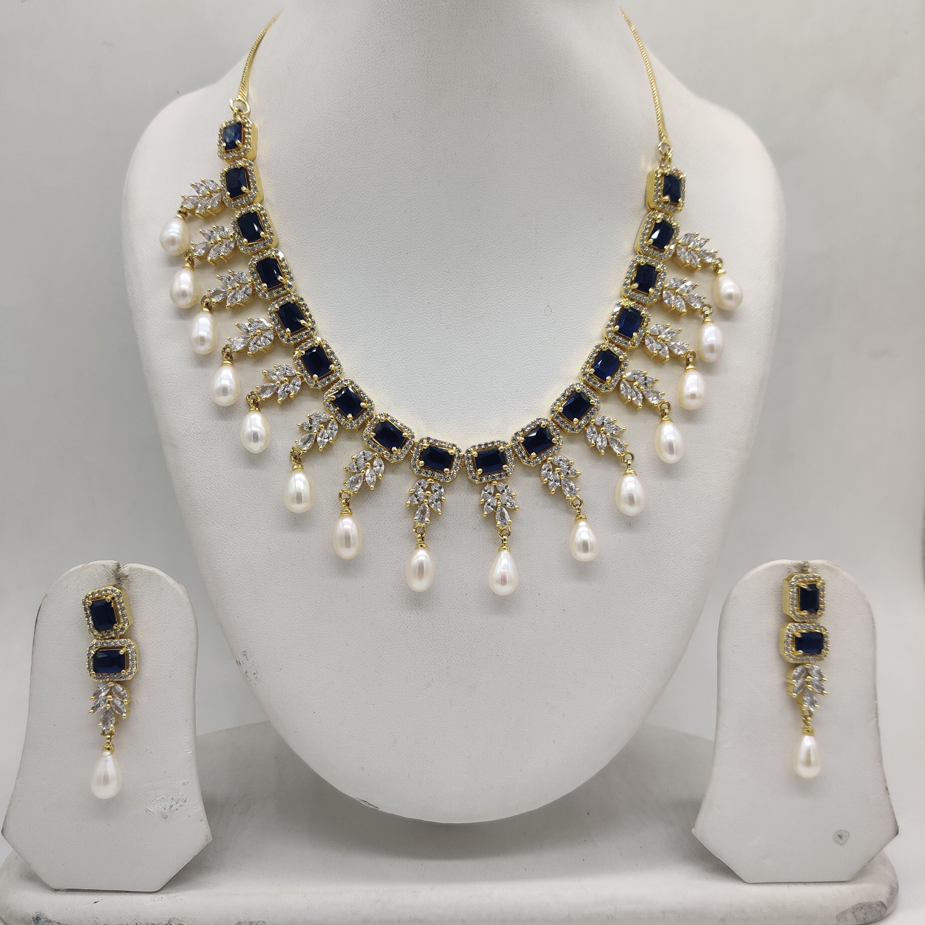 White and blue American Diamond pearl necklace set