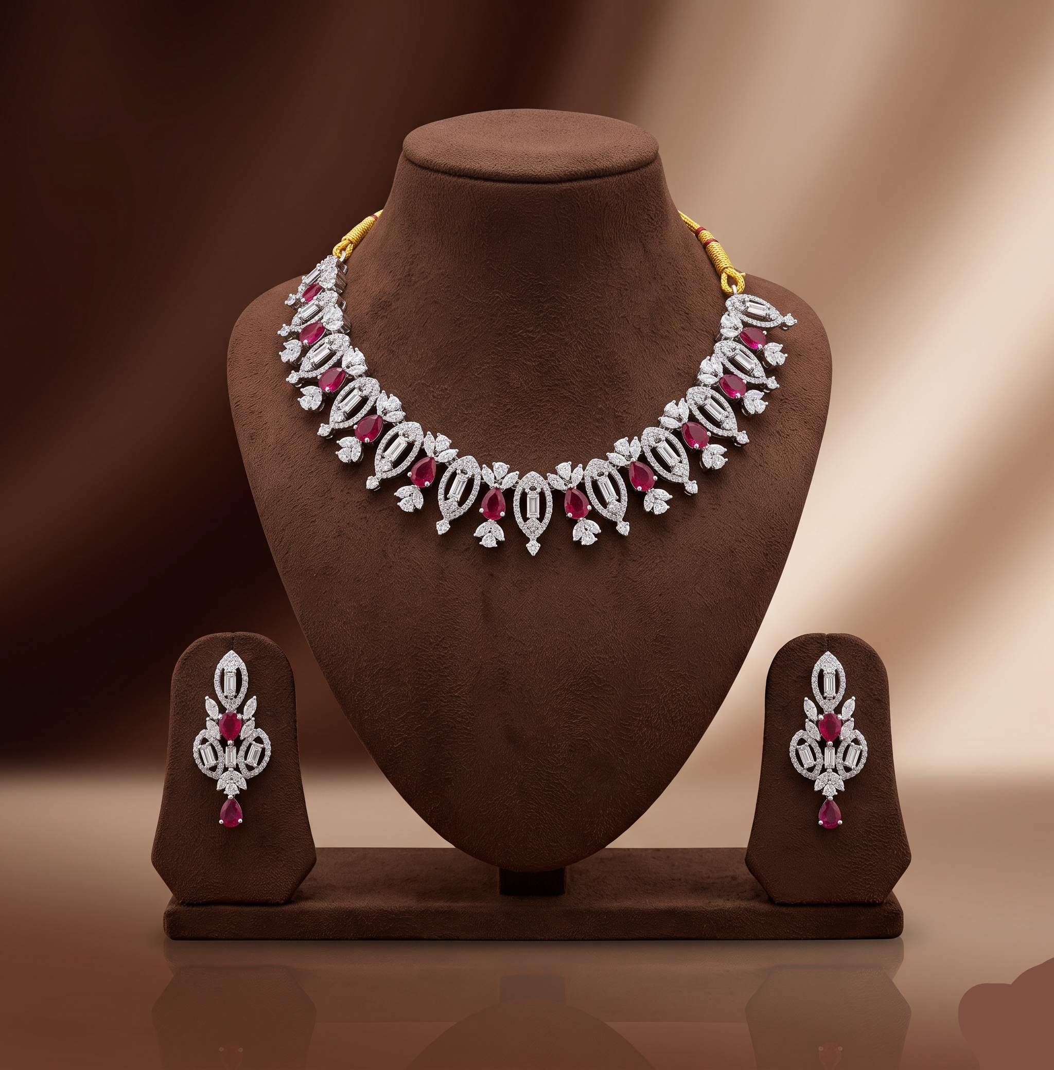 White and pink American Diamond necklace set with matching floral-inspired drop earrings