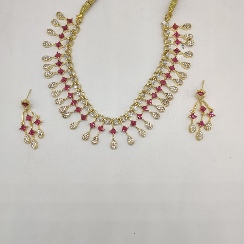 White and pink American Diamond necklace set with teardrop stones and matching drop earrings
