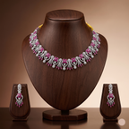 White and red American Diamond floral necklace set with matching drop earrings.