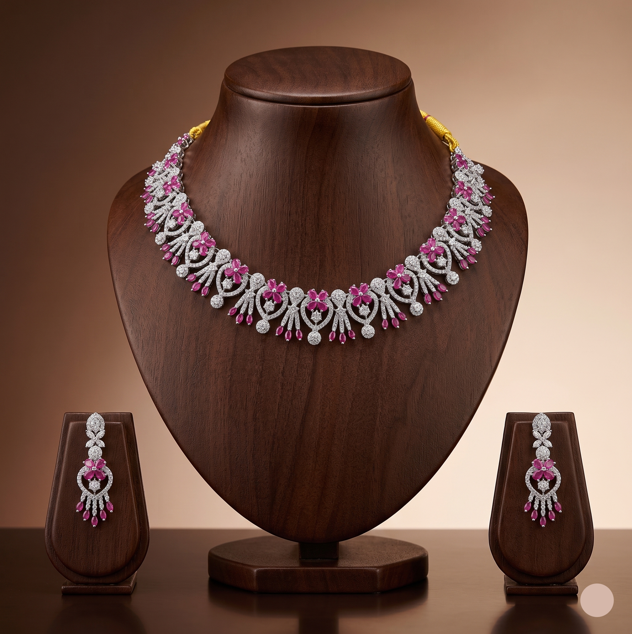 White and red American Diamond floral necklace set with matching drop earrings.