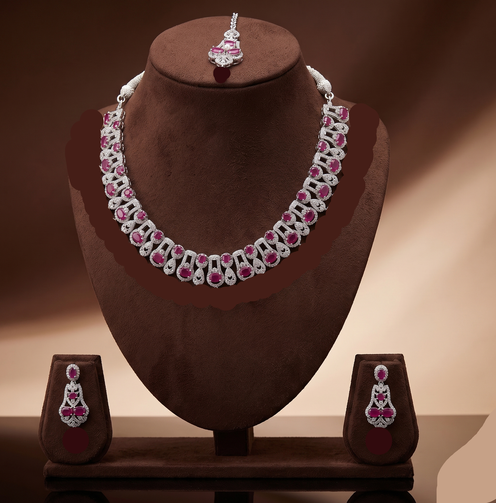 White and red CZ necklace set with sparkling cubic zirconia stones and matching earrings.