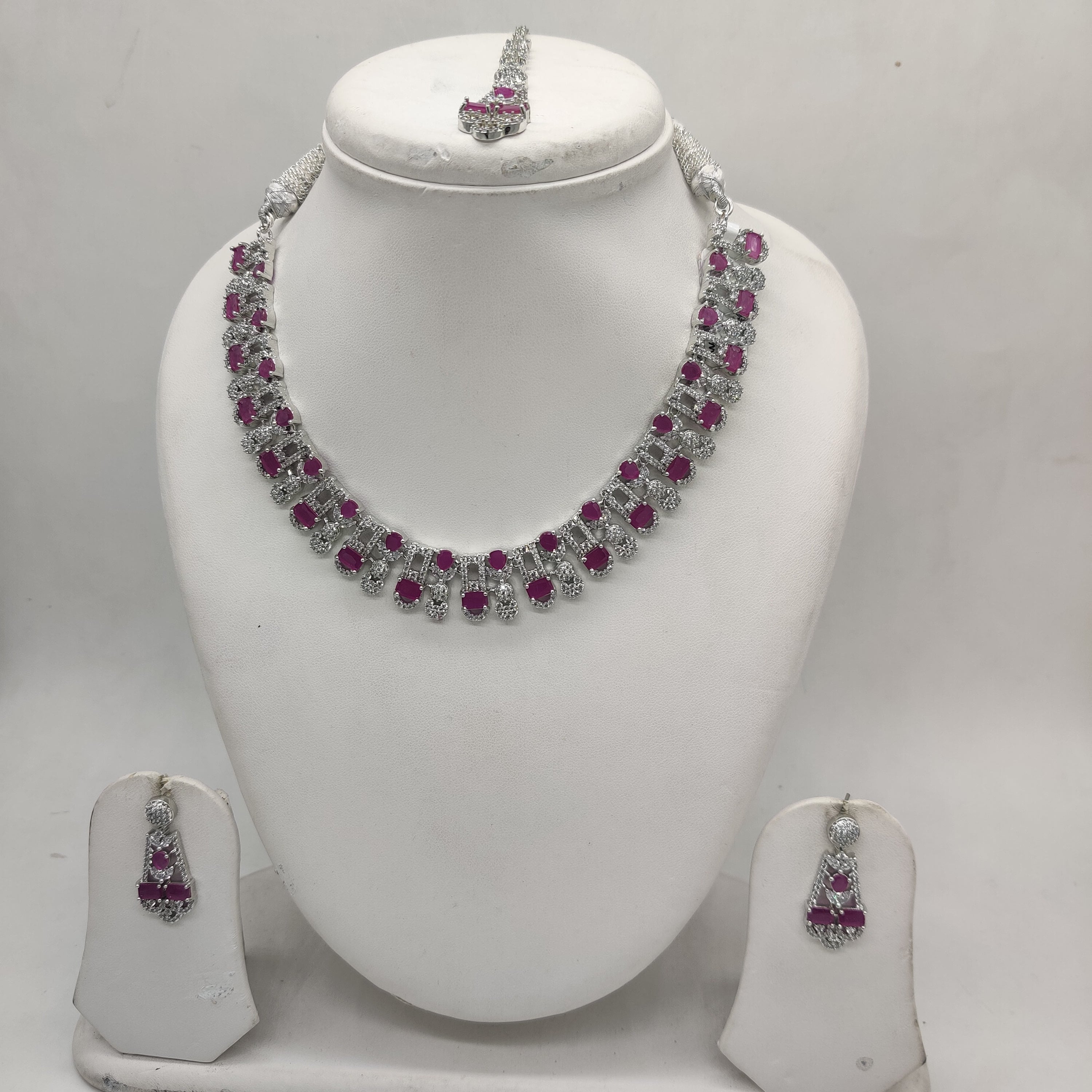 White and red CZ necklace set with sparkling cubic zirconia stones and matching earrings.