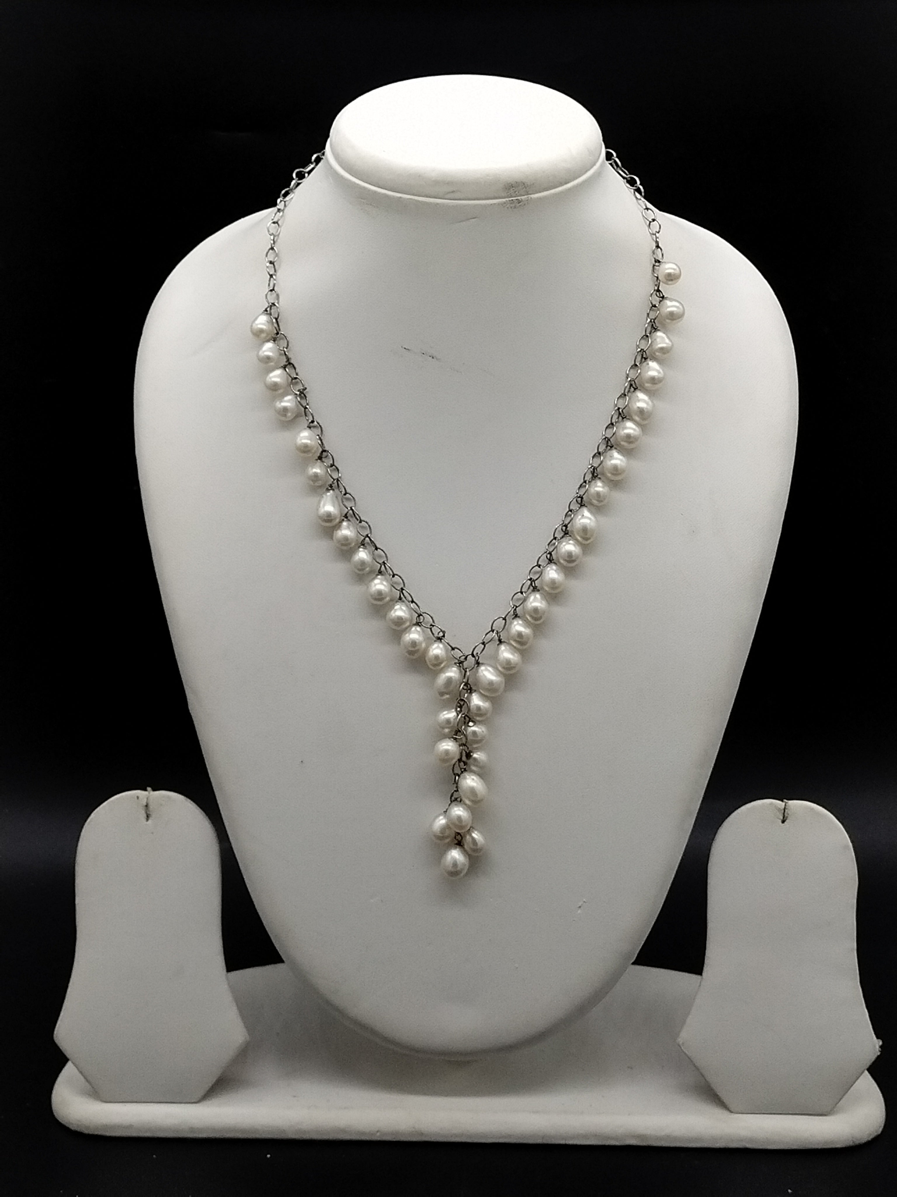 White freshwater pearl Y-drop necklace for women with silver-tone chain