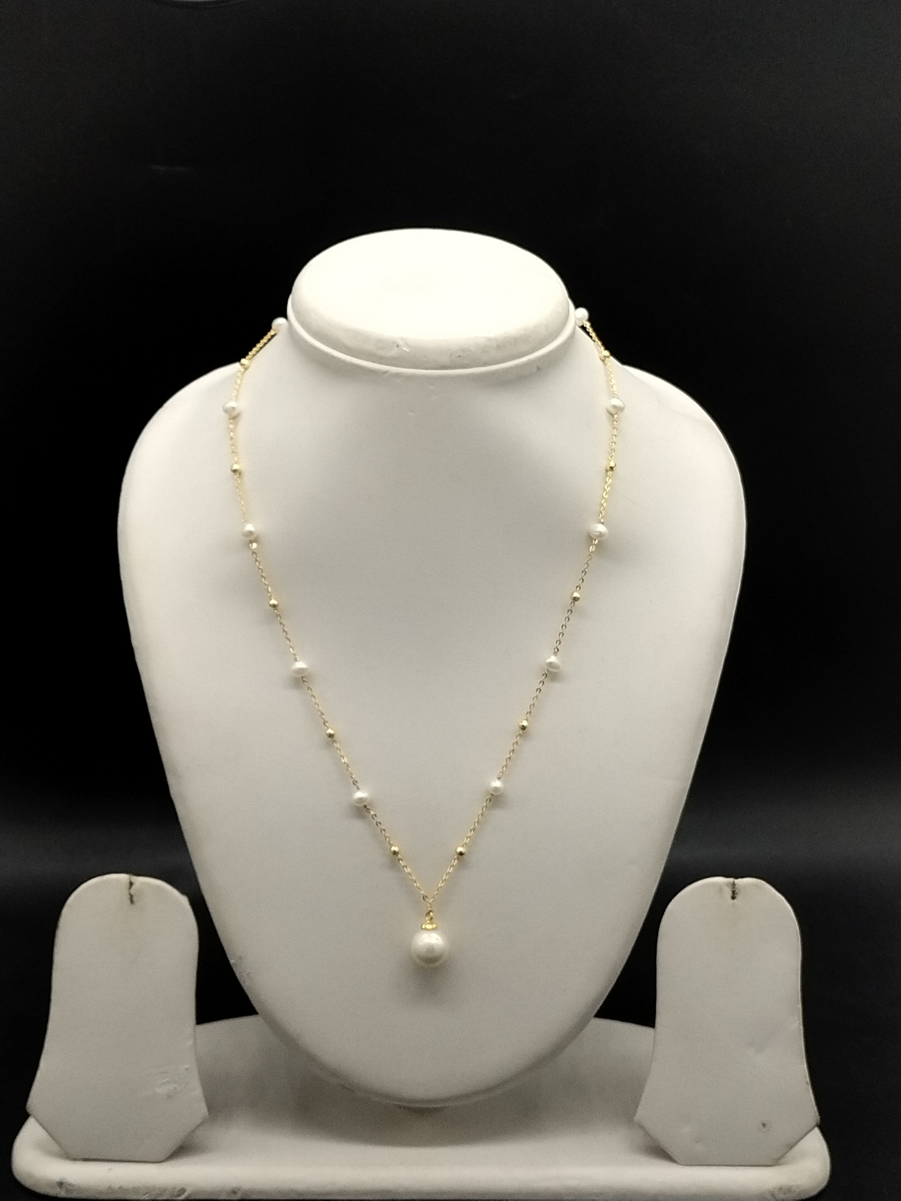 White freshwater pearl chain necklace with gold tone balls for women