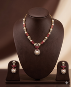 White freshwater pearl necklace set with red stones and floral pendant for women