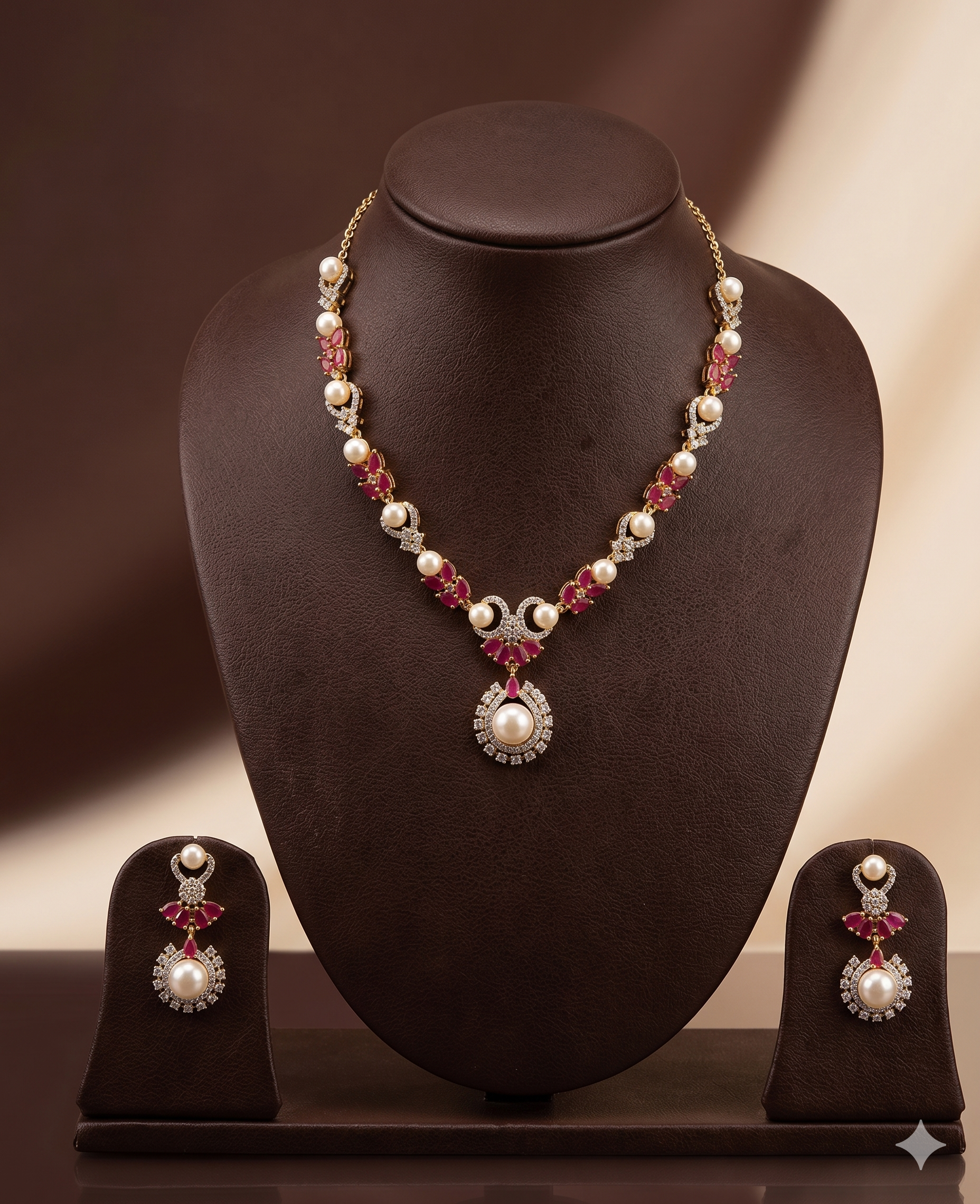 White freshwater pearl necklace set with red stones and floral pendant for women