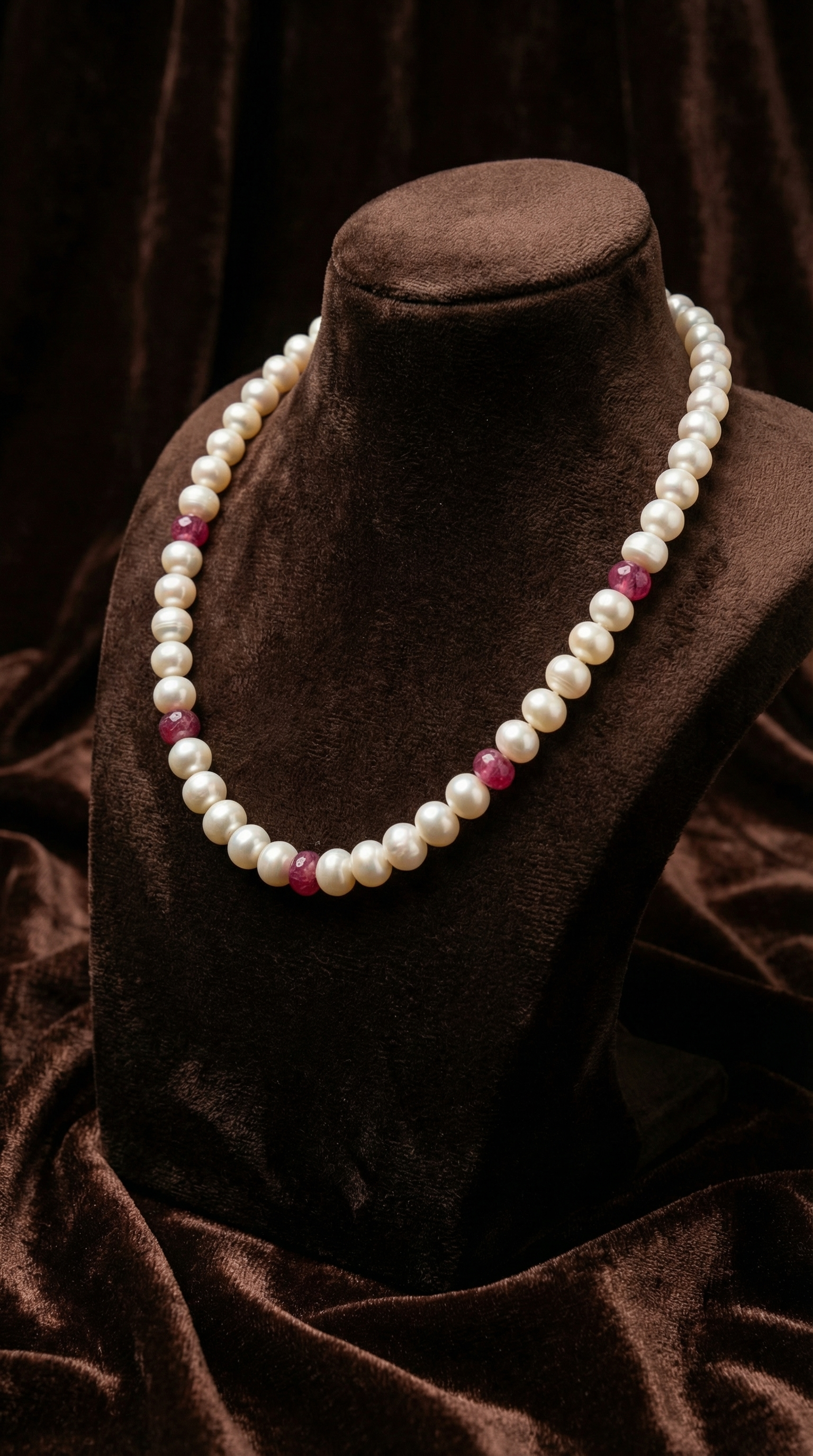 White freshwater pearl single-line necklace with red bead accents for women