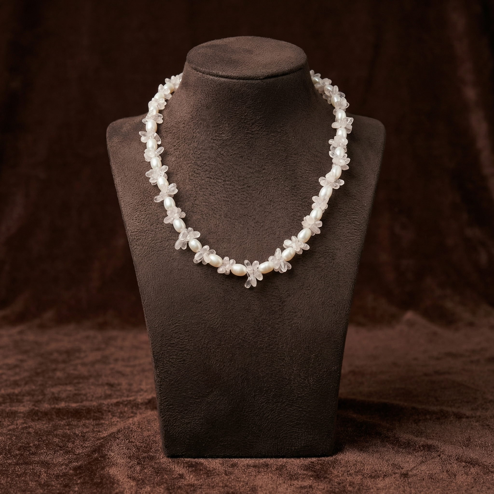 White freshwater pearl twisted necklace with clear crystal flower stones for women