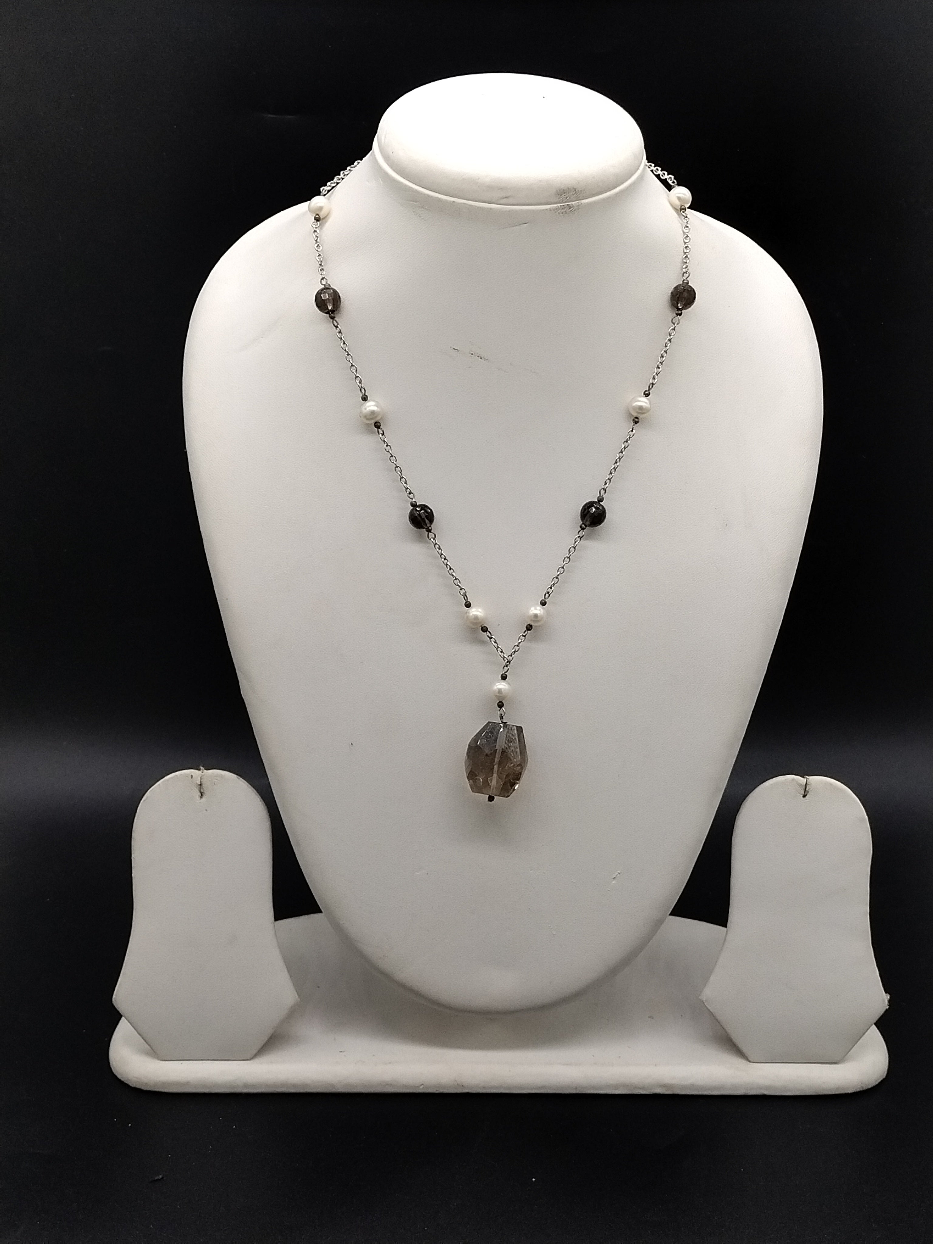 White pearl long necklace with smoky stone beads and drop pendant for women