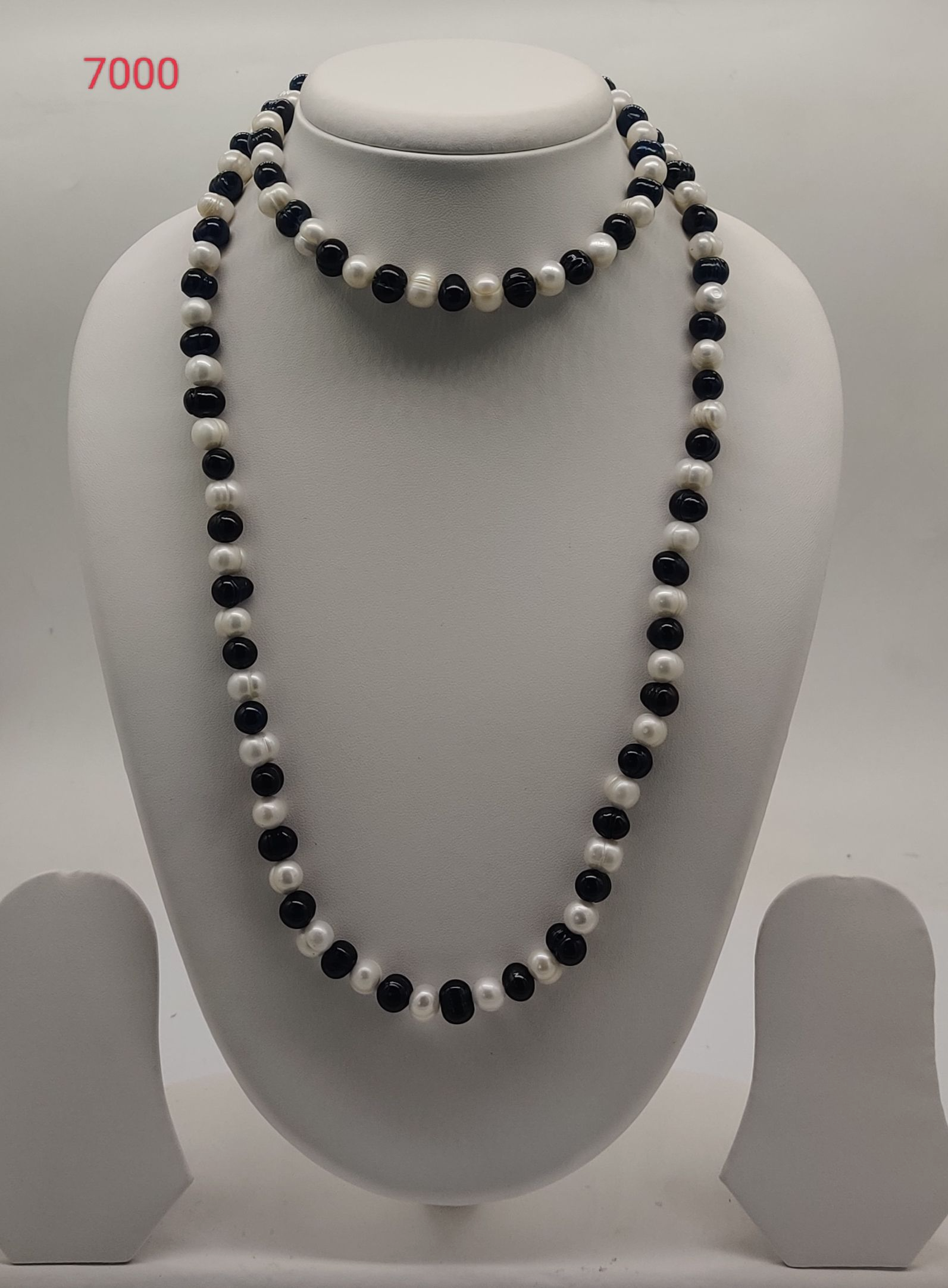 Yin Yang freshwater pearl necklace with black and white pearls in dual strand layered design