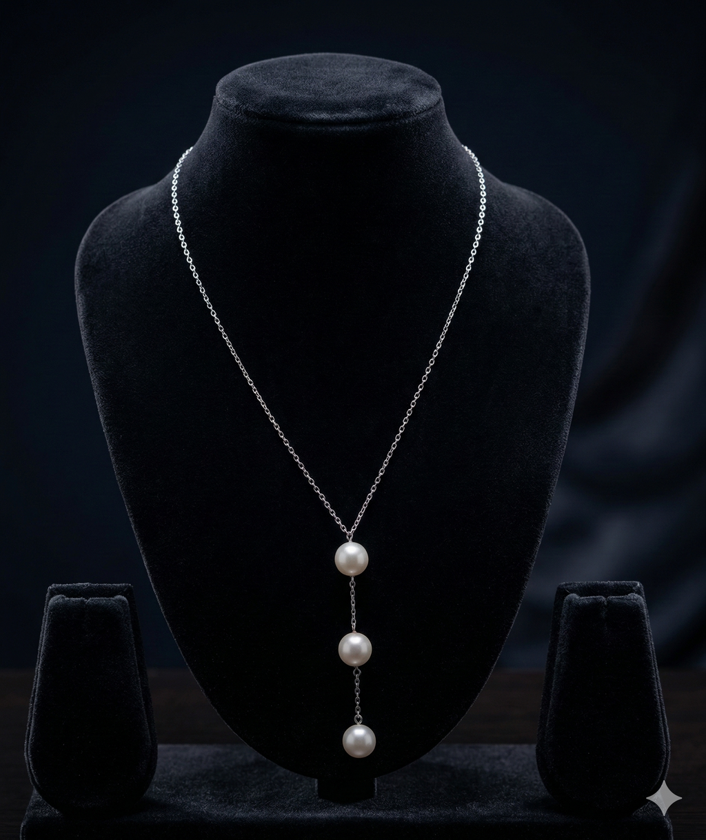 classic trio pearl drop 925 silver chain with three graduated white pearls