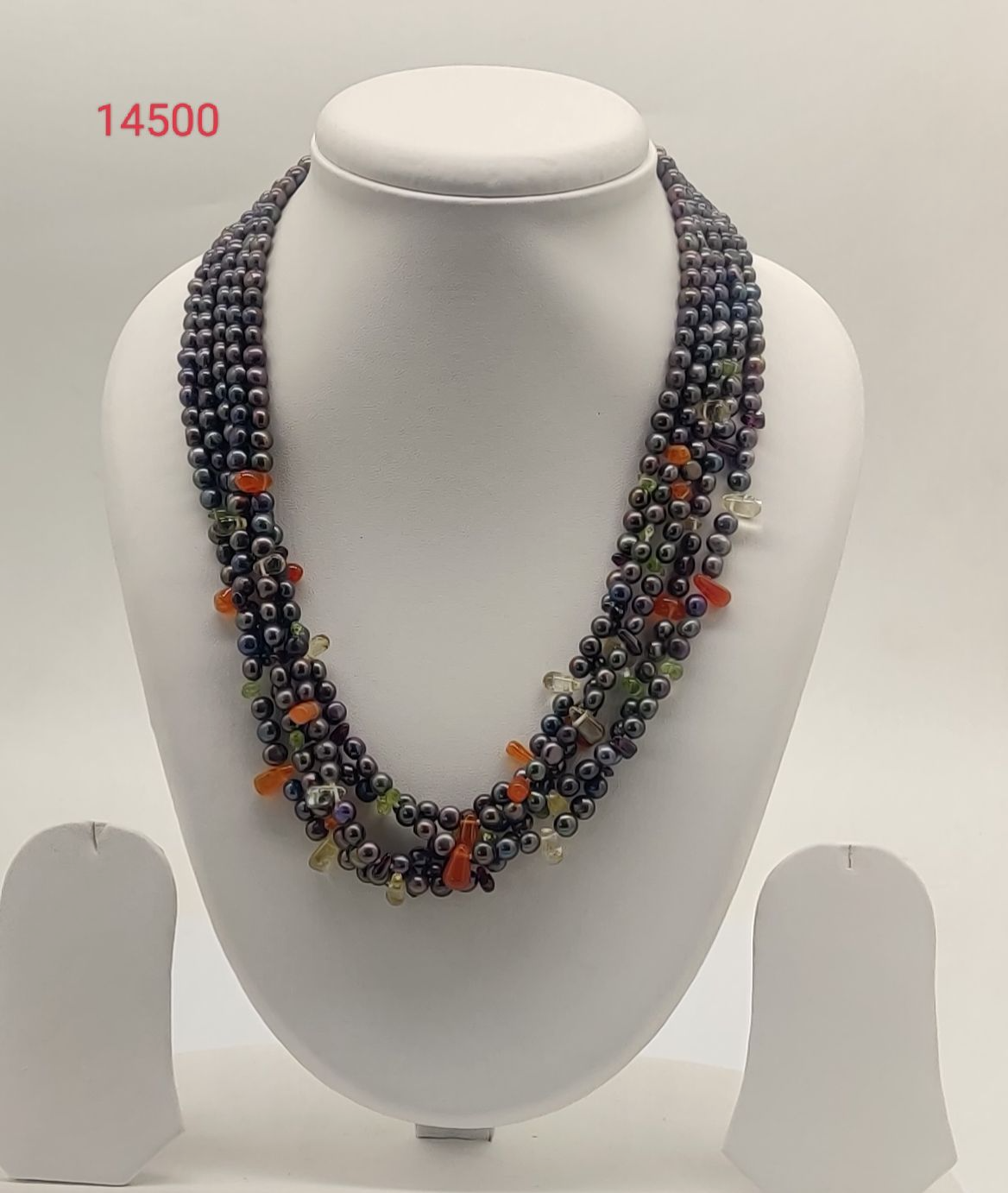 dark freshwater pearl necklace with orange and green beads in multi strand layered design