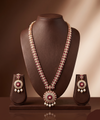 freshwater pearl long haram set with floral red and white stone medallion pendant