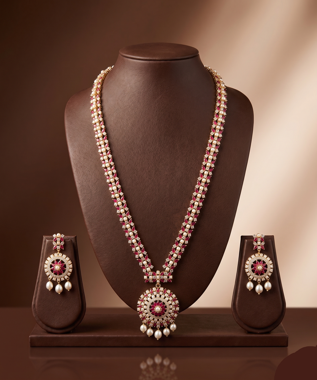 freshwater pearl long haram set with floral red and white stone medallion pendant